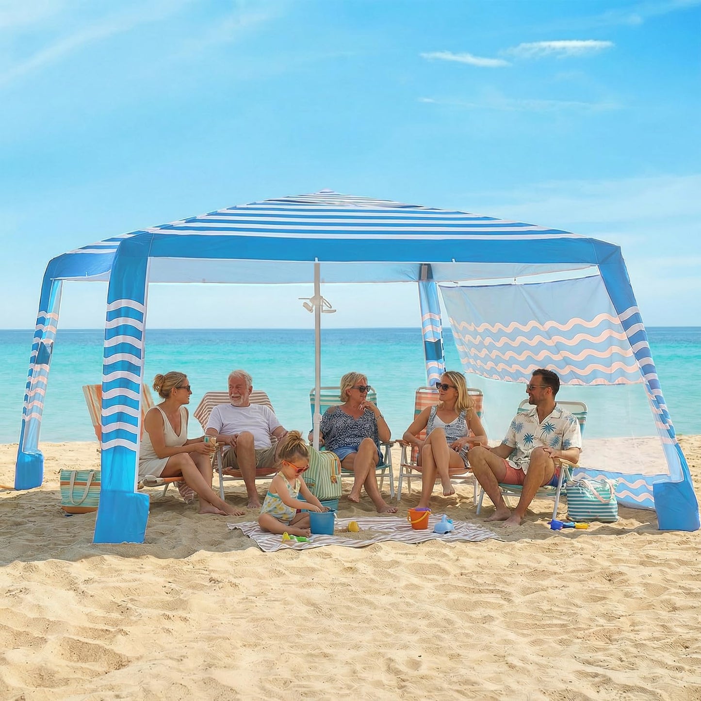 Zeraty Beach Cabana 8'×8', Portable Beach Canopy Easy Pop Up, Beach Tent Sun Shelter with Side Wall, Beach Umbrella Tent with Silver‑Coated Fabric for Family, Wind Resistant