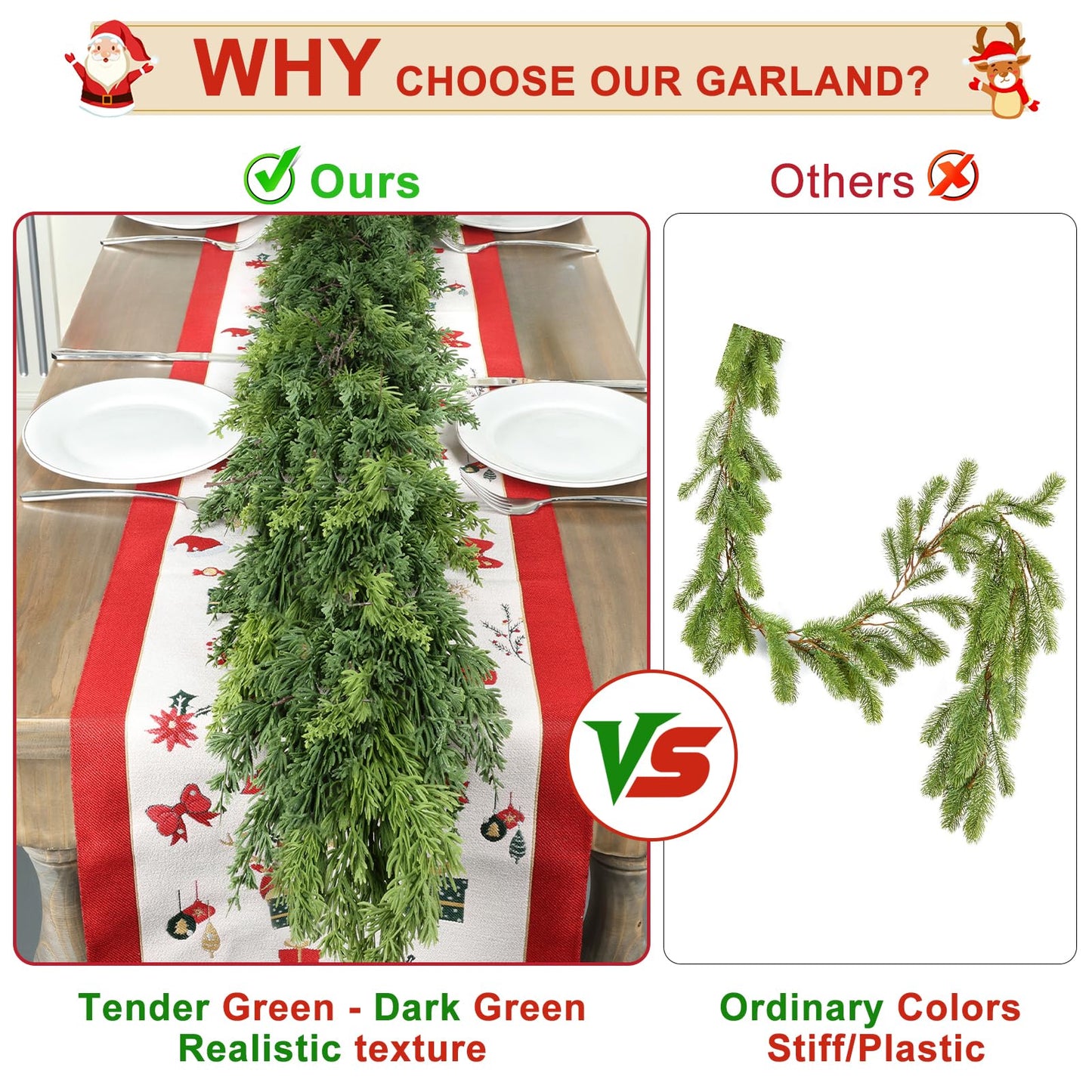 9Ft Christmas Garland for Staircase Railing Soft Bendable Real Touch Artificial Cedar Pine Green Xmas Mantle Garland for Fireplace Porch Table Home Room Yard Christmas Indoor Outdoor Decor(Cedar Pine)