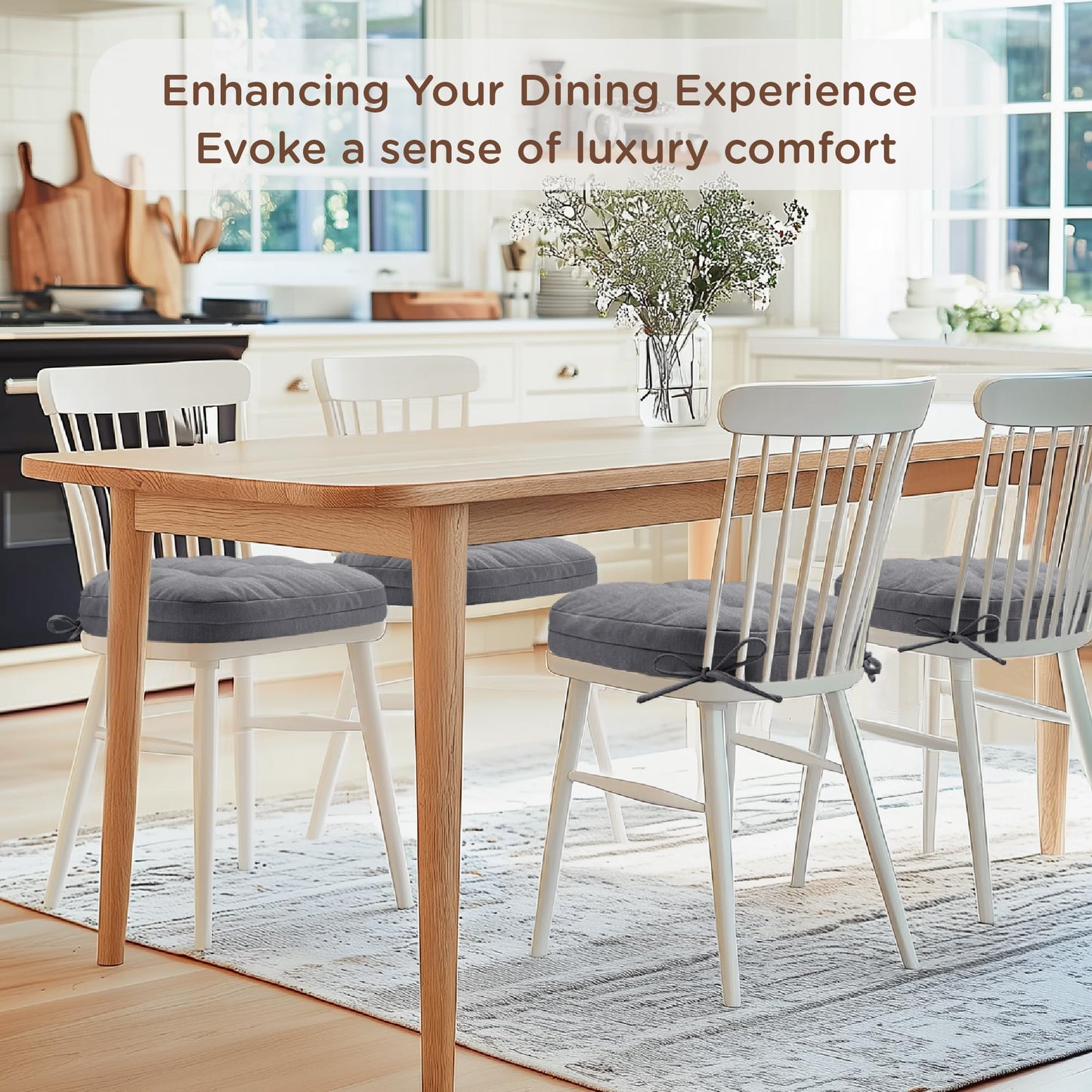 Codi Dining Chair Cushions 4 Pack, Thick Chairs Pads for Indoor Kitchen Room - Washable, Non-Slip Memory Foam Seat Cushion with Ties, 16.5"x16.5"x 3.5", Set of 4, Grey New