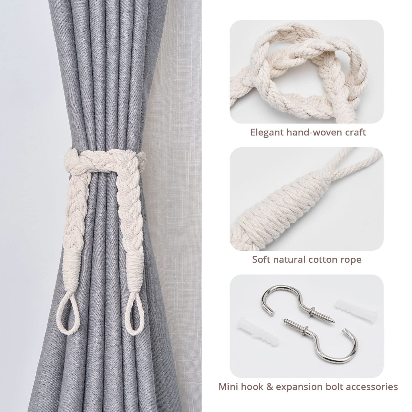 NICEEC 2 Pack Natural Cotton Rope Curtain Tiebacks Elegant Boho Style Decorative Drape Tie Backs Soft Hand-Woven Rope Curtain Holdbacks with Metal Hook for Home & Office Drapery (Beige)