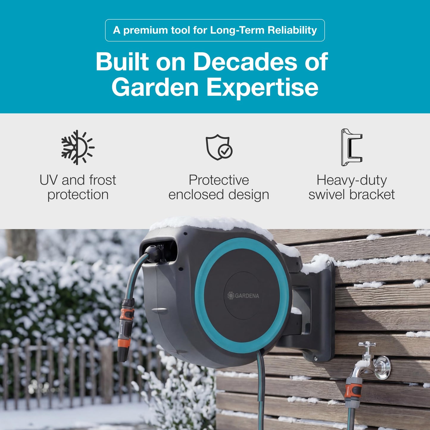 GARDENA (18630) Retractable Garden Hose Reel 115' x 1/2" Wall Mounted, Automatic Retraction & Length Lock for Easy Watering. Heavy Duty Swivel Bracket 180°, Includes Nozzle. Made in Europe
