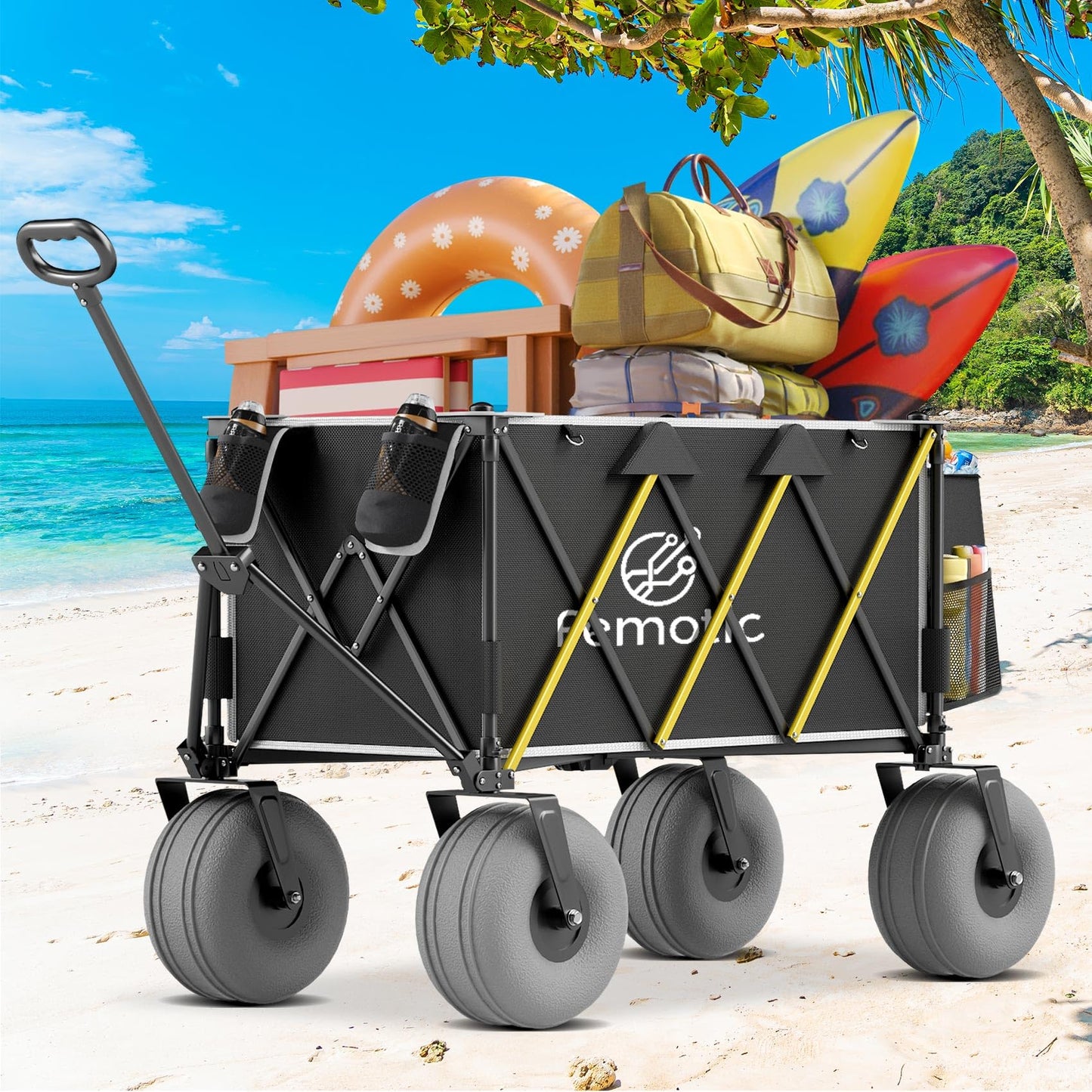 Beach Wagon with Big Wheels for Sand, 10.5" TPU All-Terrain Wheels, Heavy Duty Folding Wagon, 150L Capacity, Adjustable Handle, Collapsible Utility Cart for Beach, Camping, Garden & Outdoor Sports