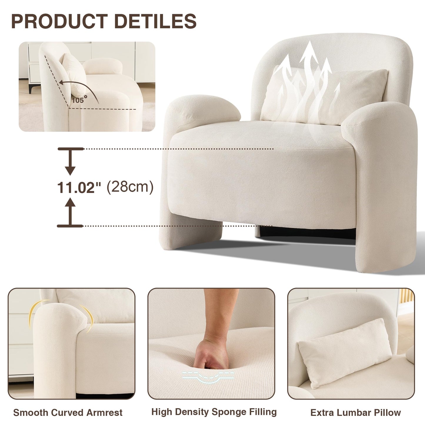 LOULENS Oversized Accent Chair, Modern Linen Fabric Lounge Armchair for Living Room, Upholstered Comfy Reading Single Sofa Chair for Bedroom, Waiting Room, Corner, Office, Beige