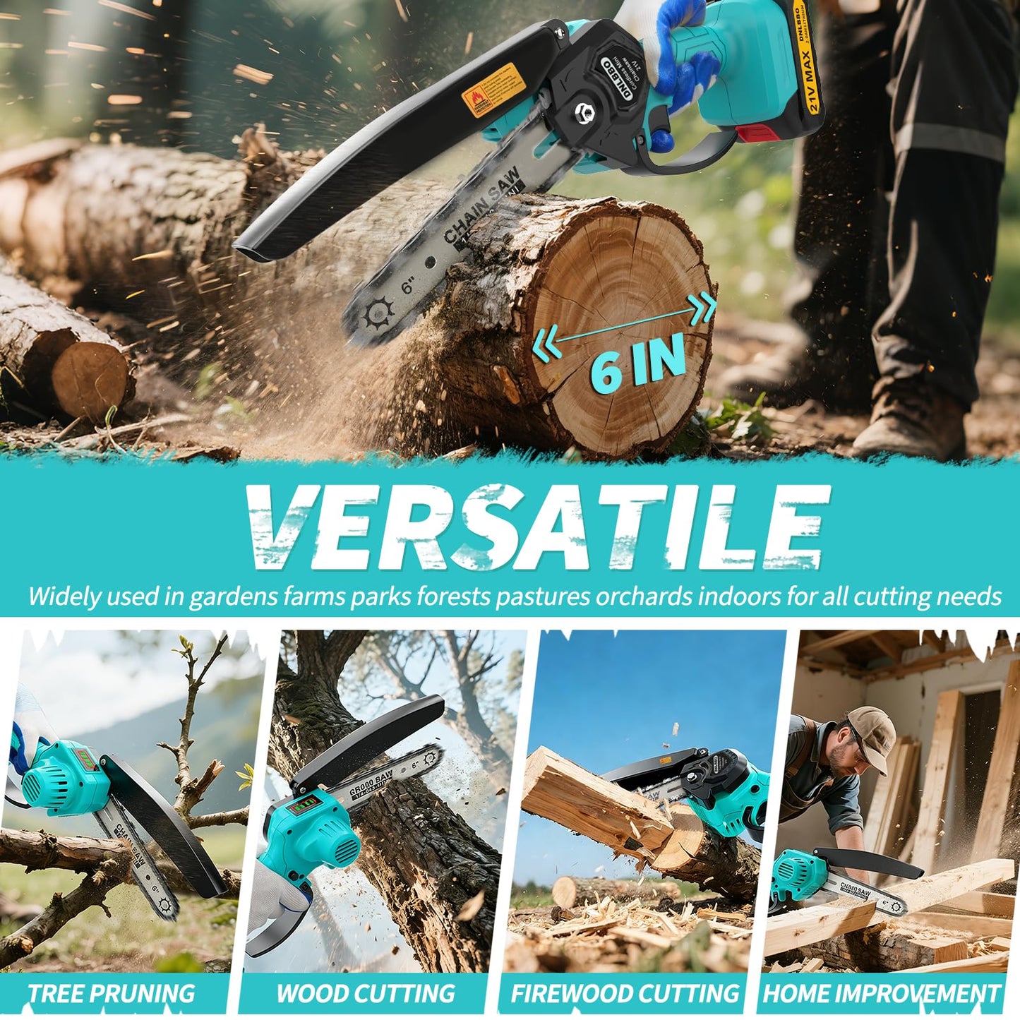 Mini Chainsaw Cordless, 6 inch Electric Chain Saw, With power display for Wood/Tree Cutting, Garden & Household Use Stocking Holiday Gifts for Men, Fathers & Gardening Enthusiasts