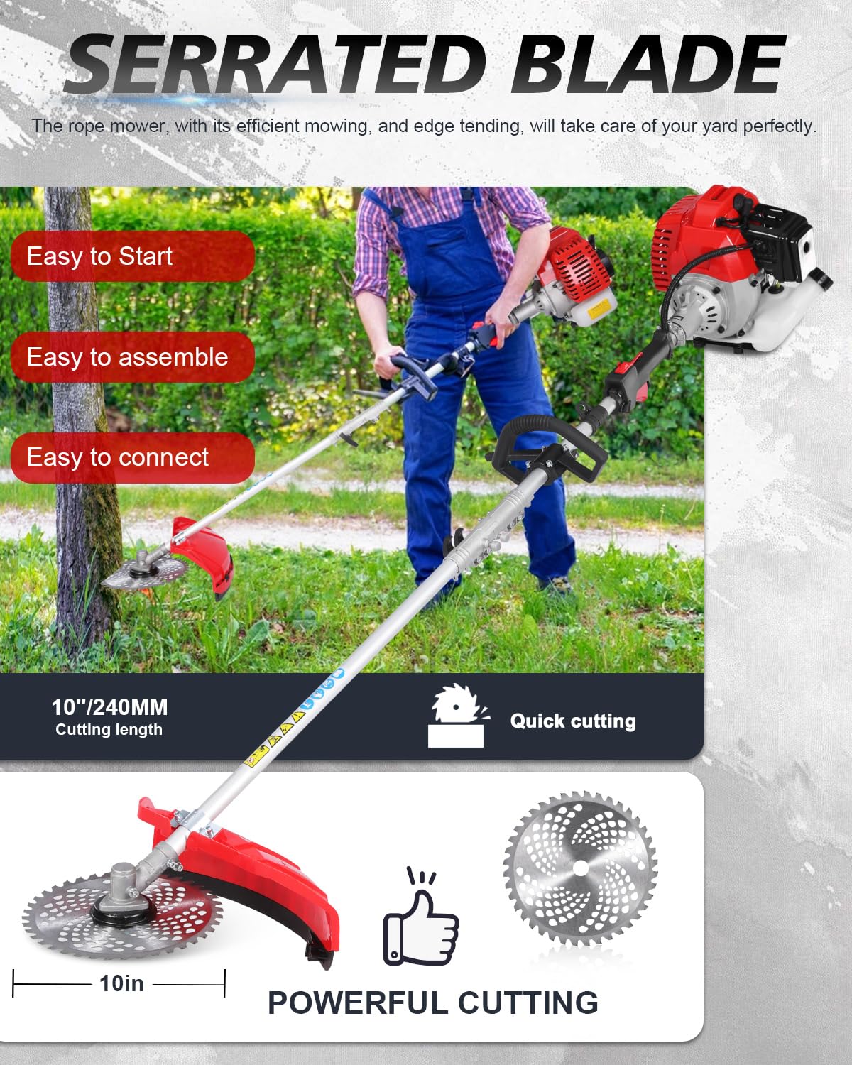 WTHW 52CC Gas Weed Wacker & Weed Eater Multi-Tool - Heavy Duty Brush Cutter, Pole Saw, Hedge Blade, String Line & 40-Inch Extension - Anti-Vibration Design, Fast Cold Starts (Red)