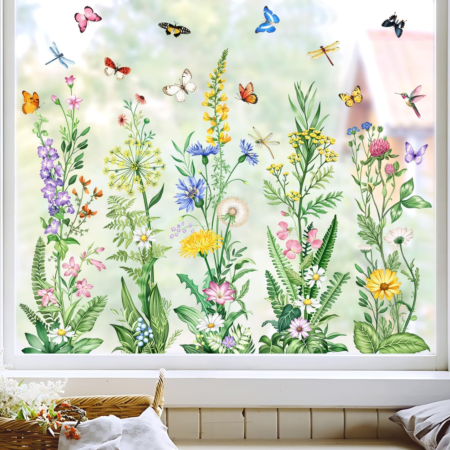 Tanlaby Wild Flower Window Clings Spring Floral Grass Wildflower Window Stickers with Butterfly Green Plant Static Window Decals for Home Glass Doors Decor