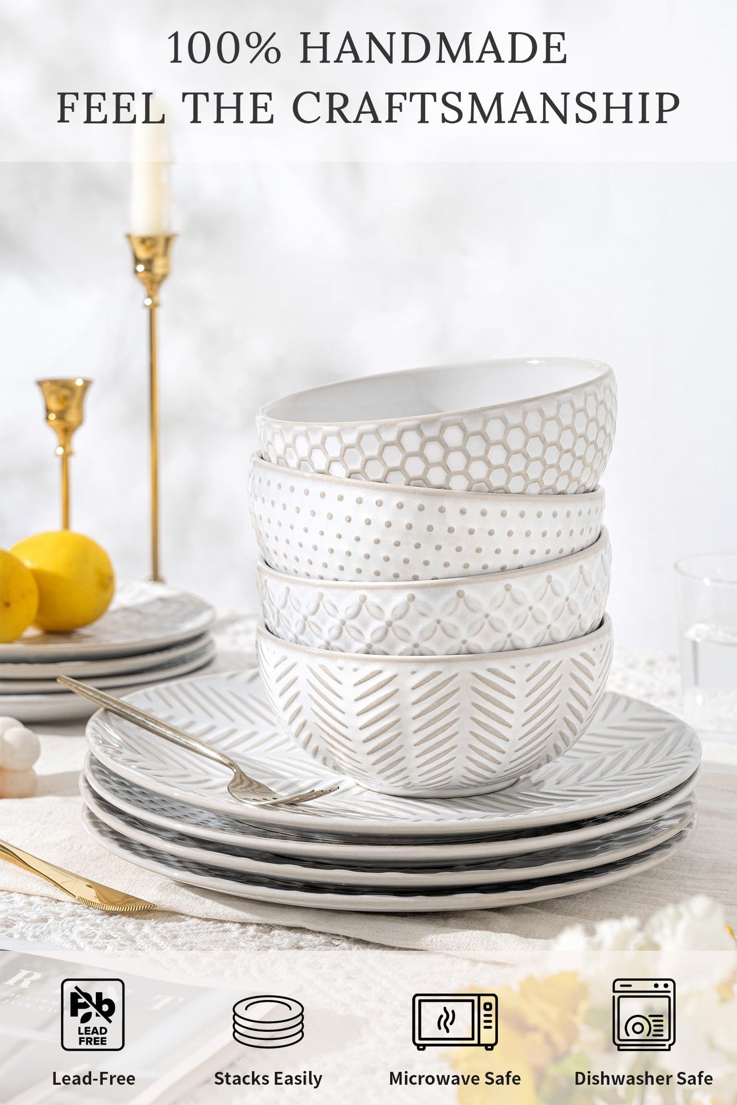 FOBENTA 12 Piece Embossed Dinnerware Sets for 4, Elegant Plates and Bowls Sets, Microwave & Dishwasher Safe, Stoneware for Stylish Home Dining–Perfect Housewarming Gift for Busy Families & Hostesses