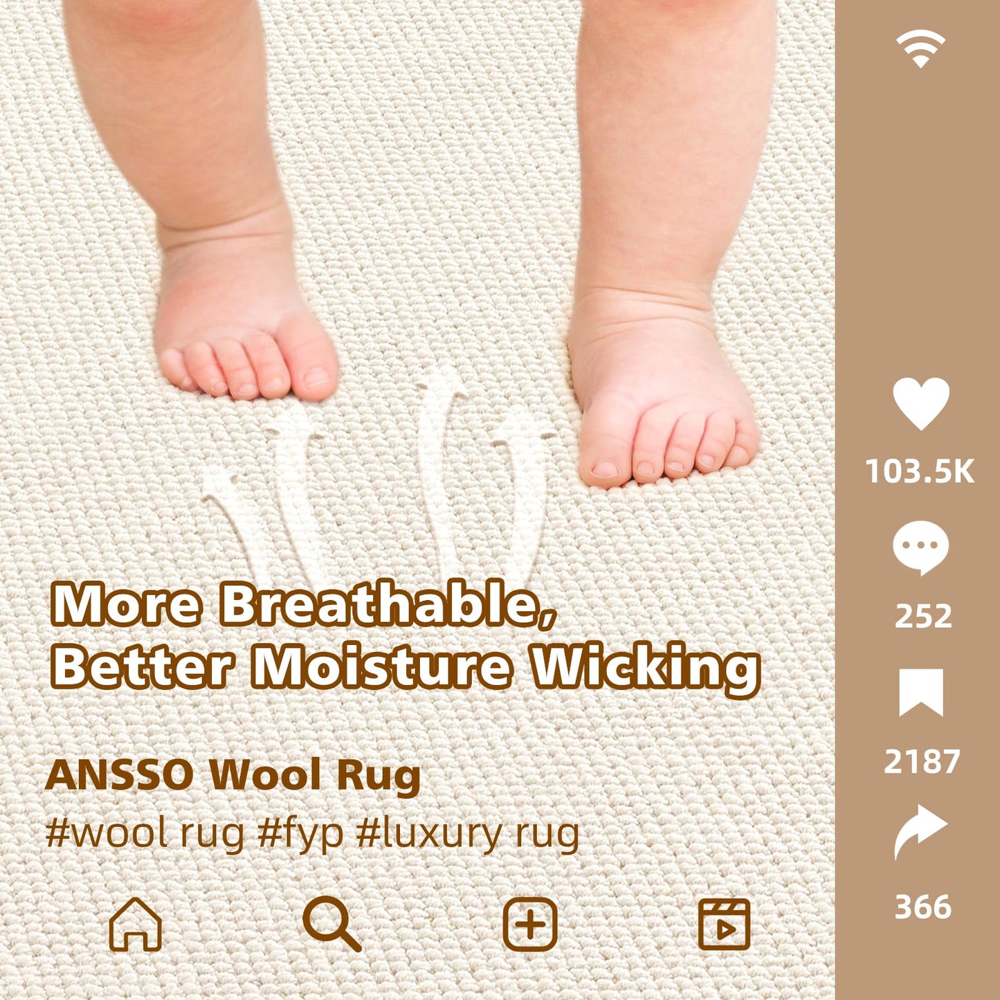 ANSSO 5x7 Wool Rugs for Living Room,80% Merino Wool and 20% Cotton Soft Tufted Area Rug with Cotton Non-Slip Backing,Large Area Rug for Bedroom Bedroom, Dining and Home Office (Cream White)