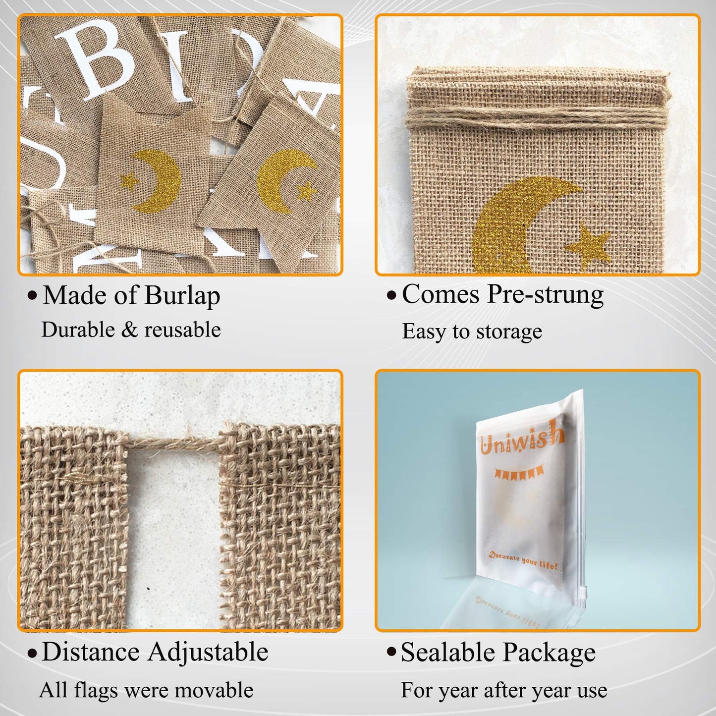 Uniwish Eid Mubarak Banner Burlap Eid Mubarak Decorations for Home Mantel Fireplace Decor Rustic Ramadan Moon Star Hanging Bunting