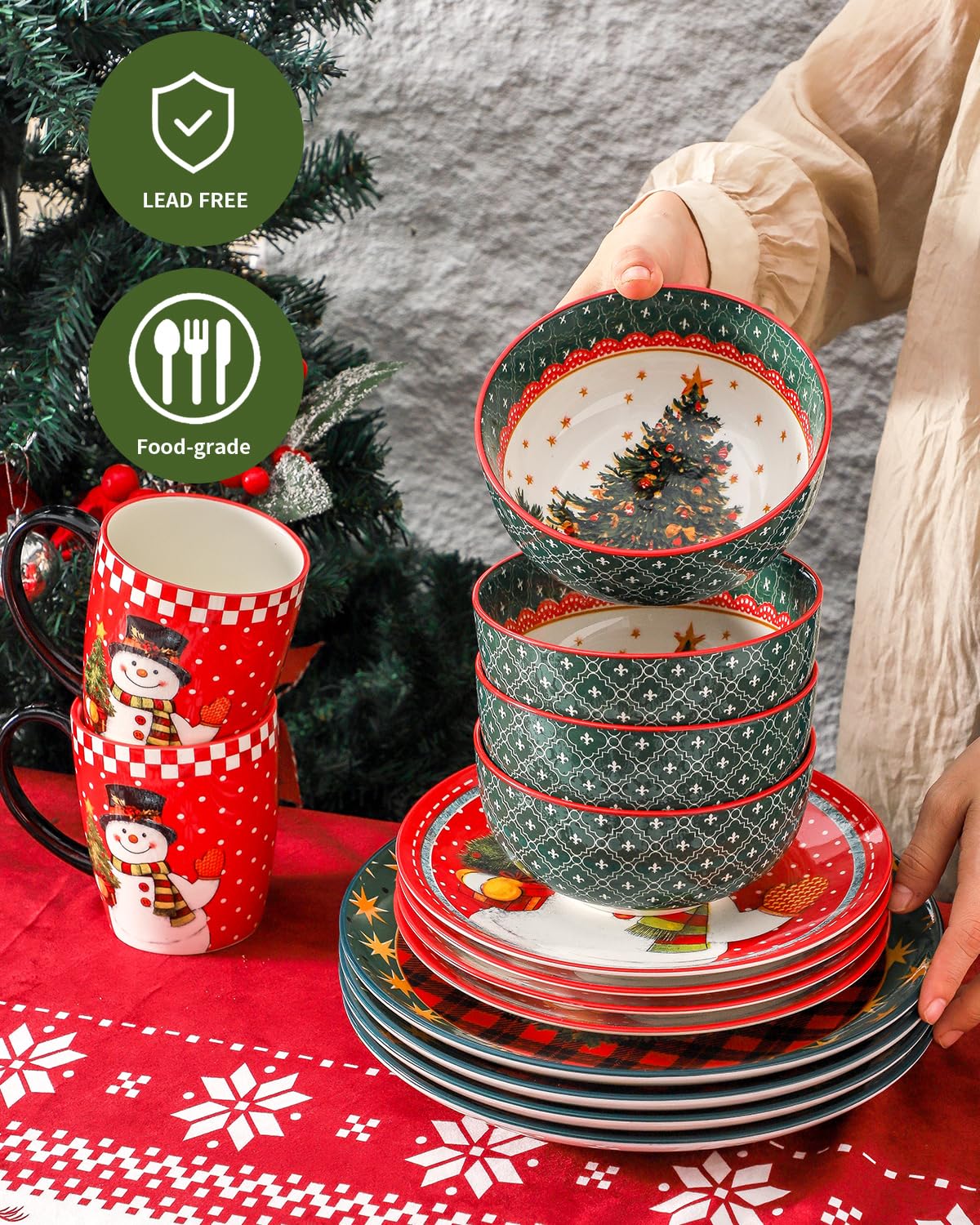 Hasense Dinnerware Set of 4, Ceramic Holiday Plates and Bowls Sets with Mugs, 16 Pieces Chip & Scratch Resistant Serving Dishes for Party Everday Use, Microwave and Dishwasher Safe
