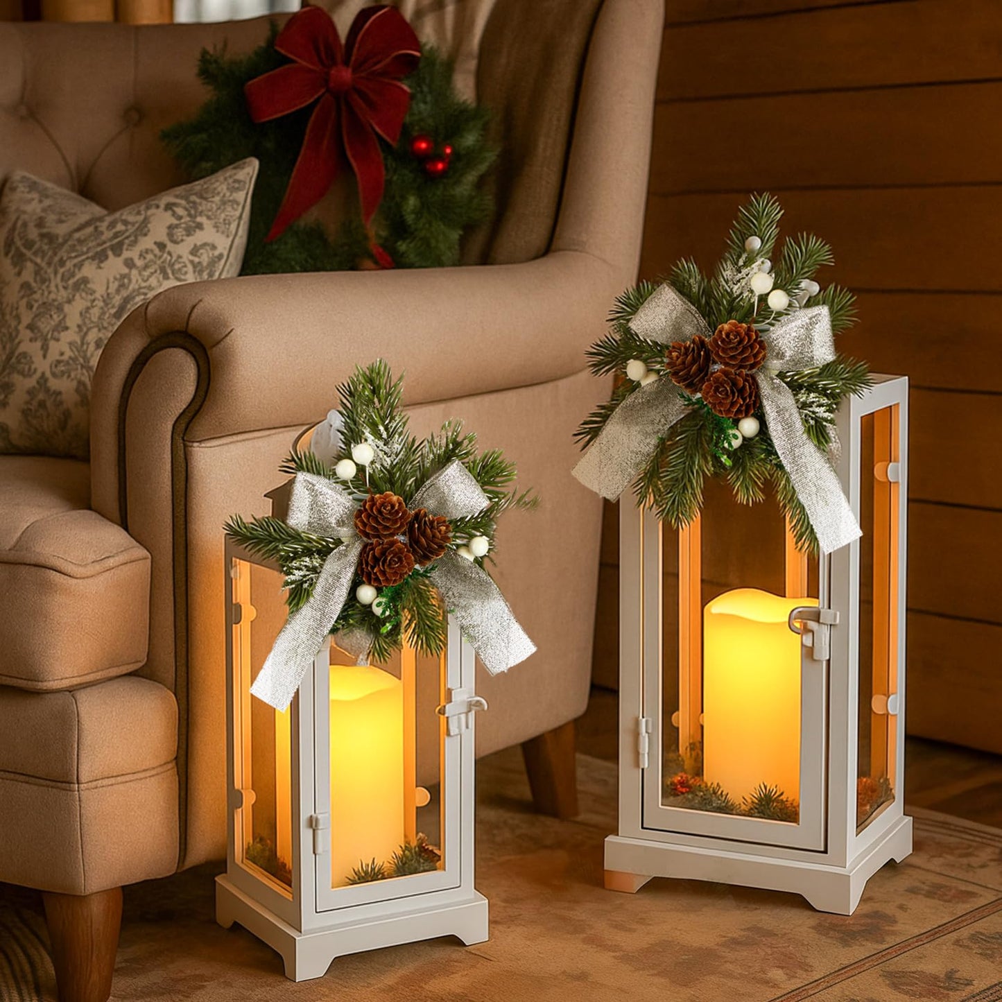 Baquler White 2 Pcs Christmas Metal Candle Lantern and LED Fake Candles 12'' and 15'' Decorative Lanterns with Xmas Ornament Porch Lanterns Indoor Outdoor Decoration Party Gift