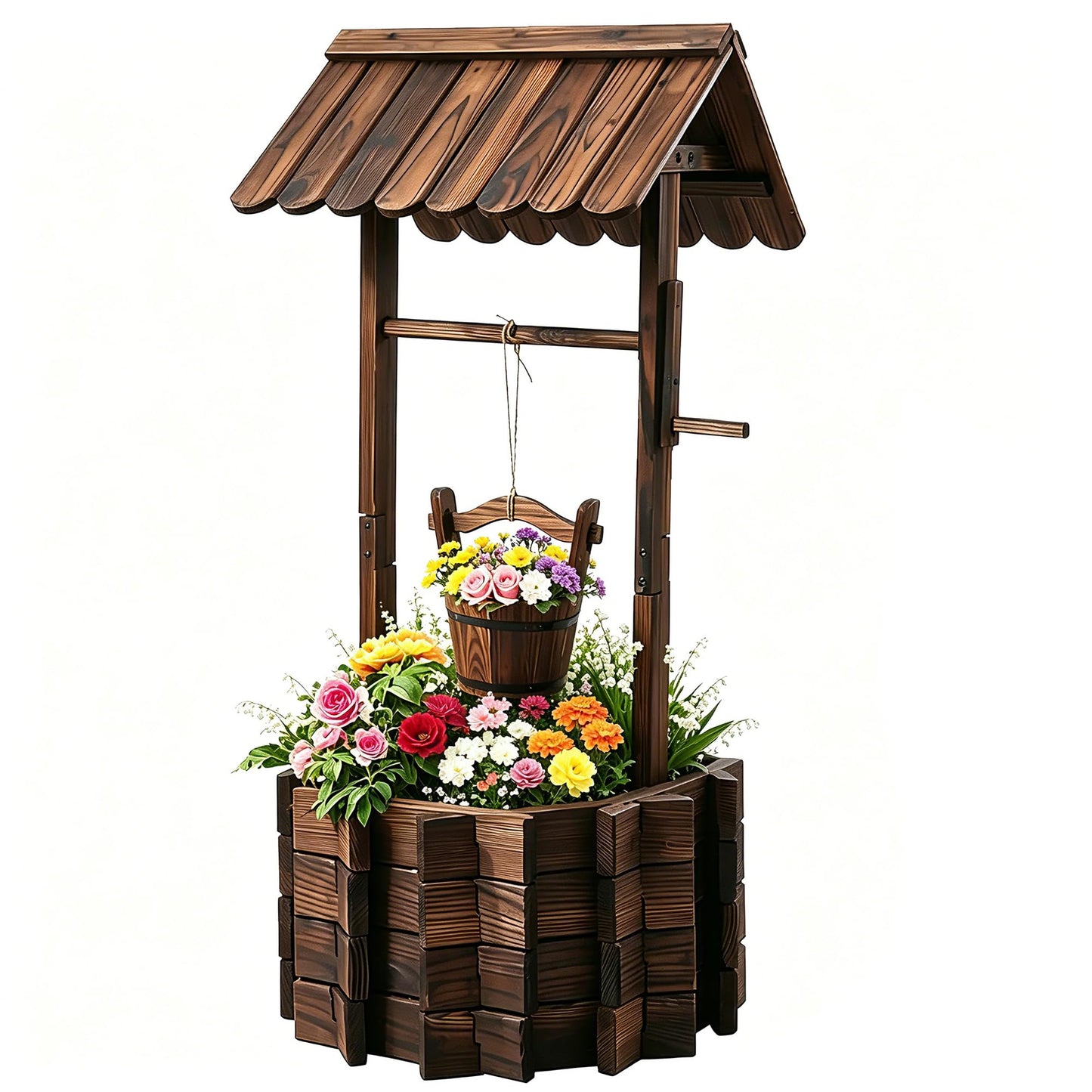 NestNature 21.75" Carbonized Wooden Wishing Well Planter for Outside, Rustic Outdoor Wishing Well with 4 Reinforced Rods & Hanging Bucket, Decorative Well Cover for Yard Garden Patio Lawn Backyard