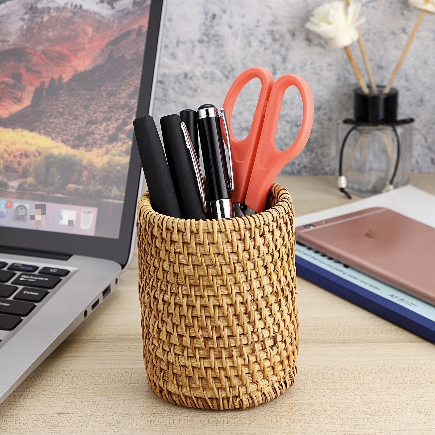 BTSKY Rattan Pen Cup, Handmade Desk Pencil Holders Makeup Brush Holder Multi-Functional Woven Basket Office&Home Desktop Organizer(Cylinder)