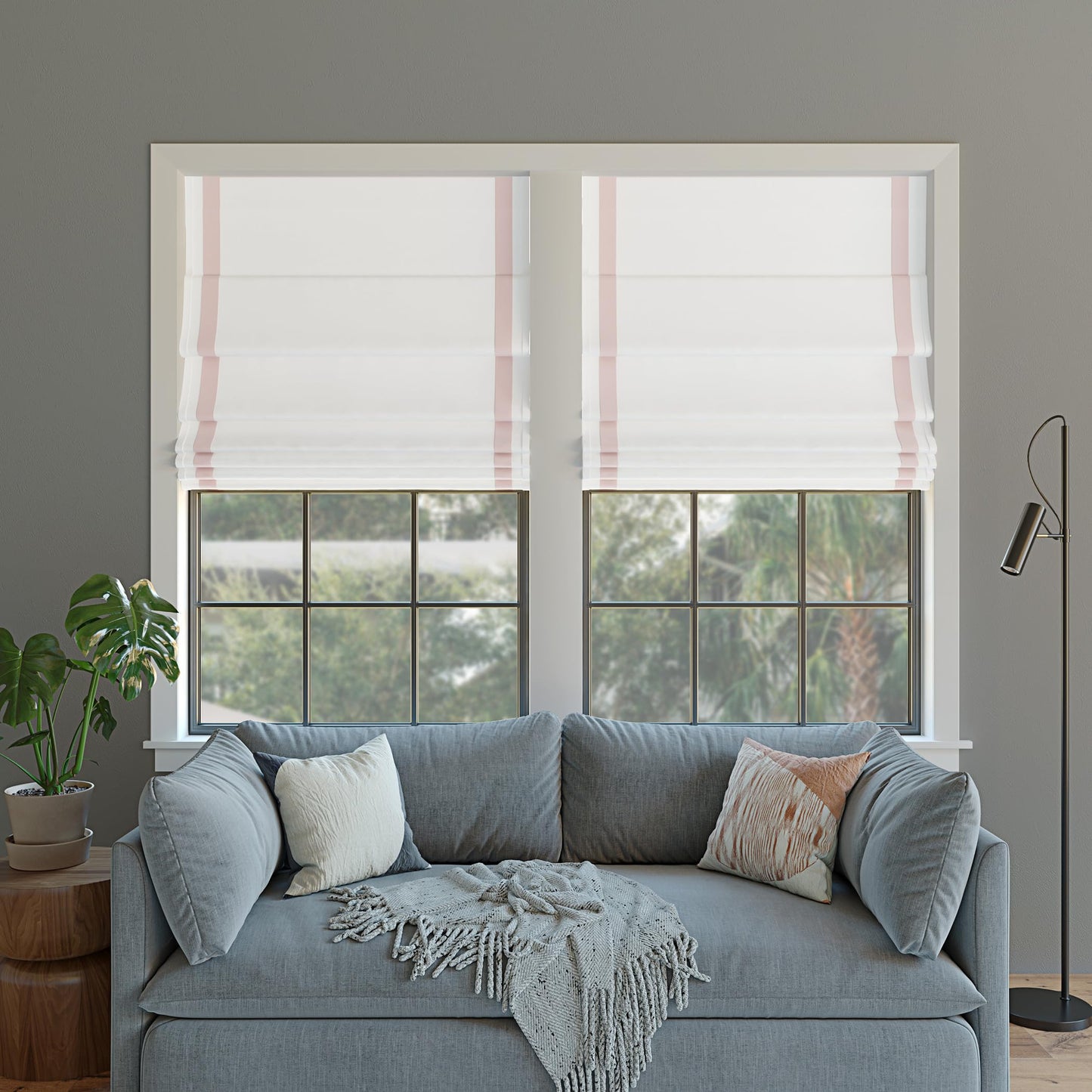 Sun Zero Marline Pink Ribbon Border 100% Total Blackout Cordless Roman Shade, Pink/White, 35" W x 64" H