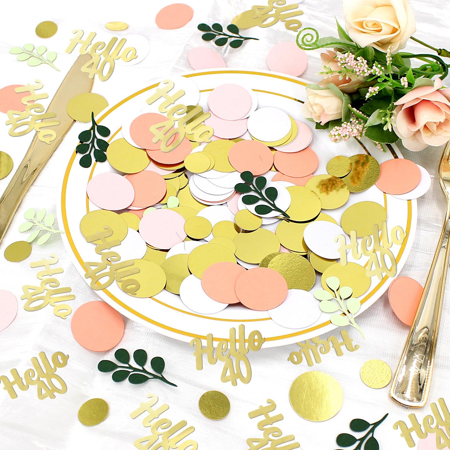 Vofrise 300PC 40TH Birthday Confetti for Table Pink and Sage Green Happy 40TH Birthday Decorations for Women Dots Hello 40 Confetti Scatters Forty Party Decor Supplies