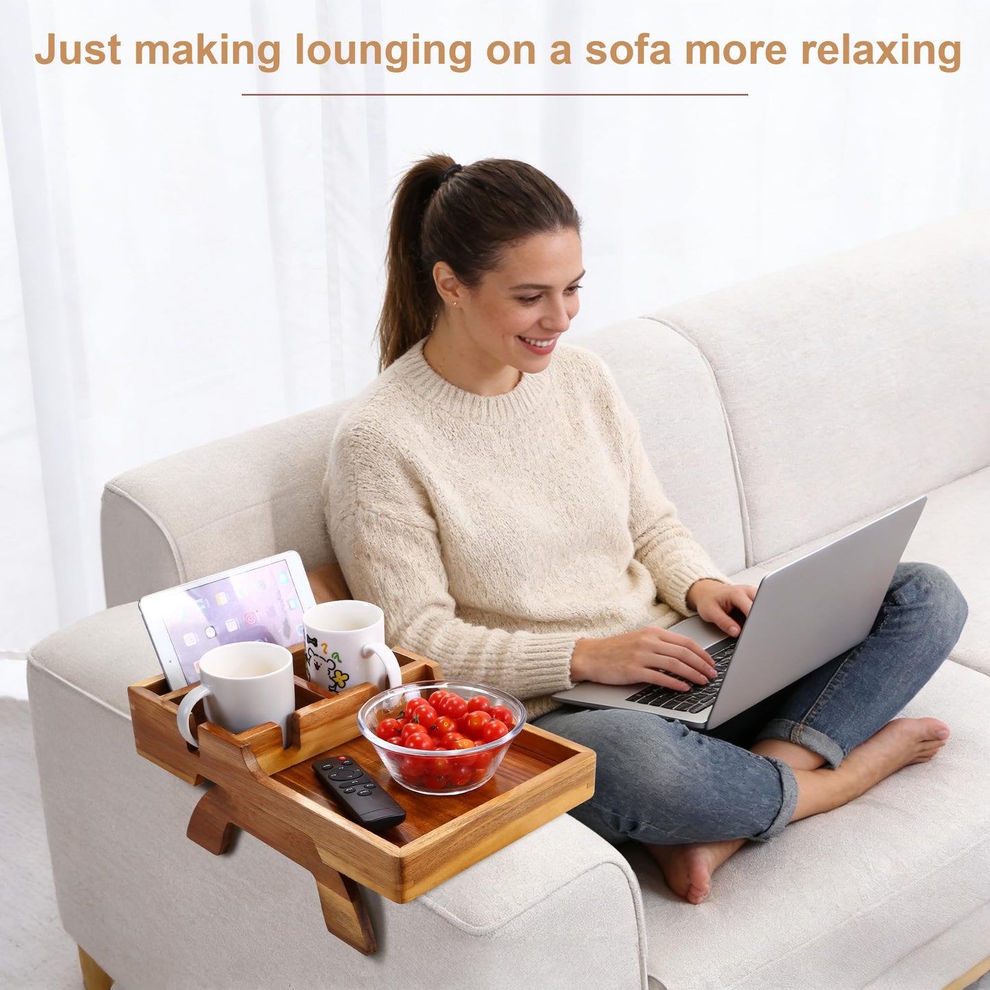 Acacia Wood Couch Arm Tray, 15.35"x9.85" Couch Armrest Table with Cup Holder, Foldable Desktop for Dual Use Sofa Arm Tray, with Non-Slip Feet