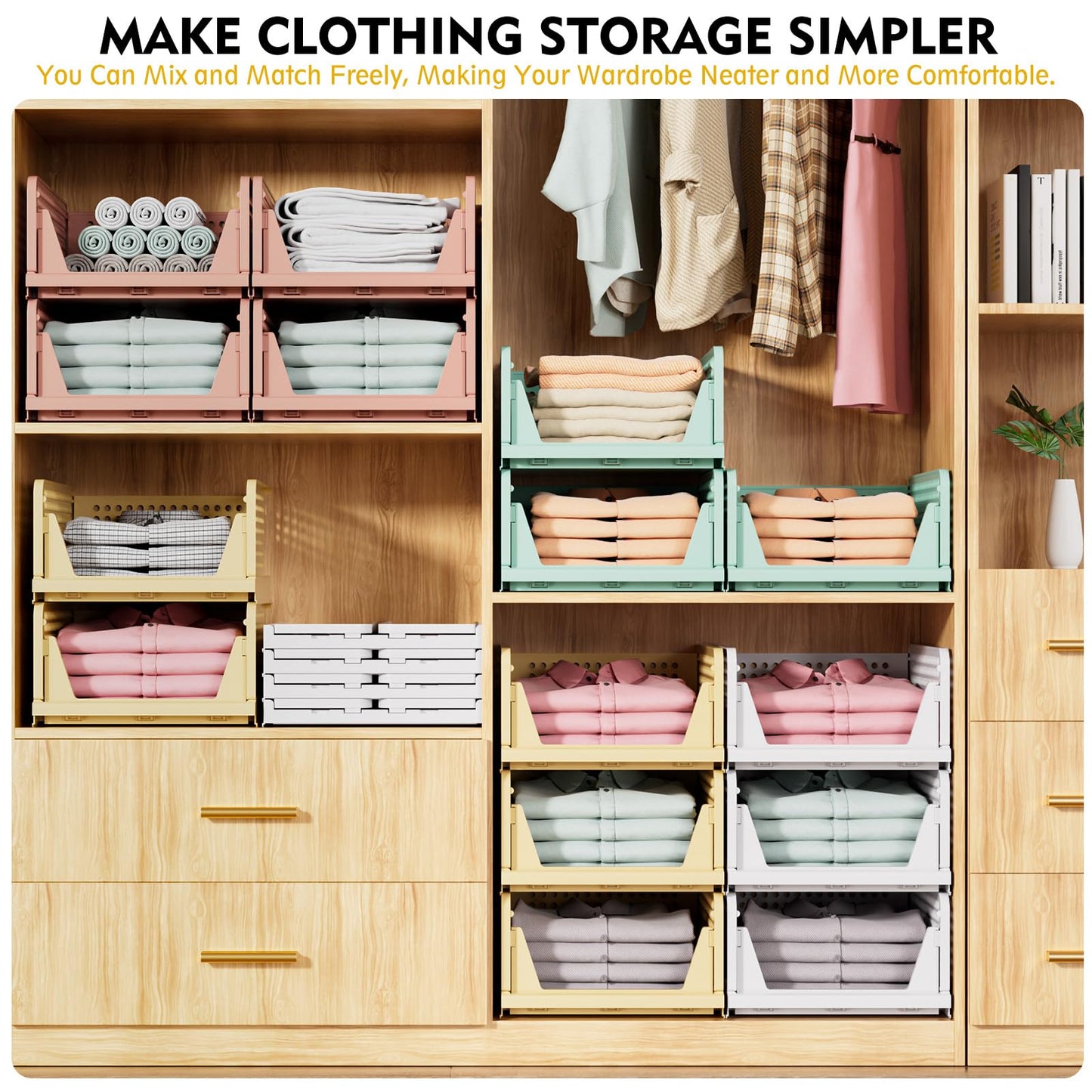 SNSLXH 5 Pack Stackable Closet Organizer Box, Multifunctional & Foldable Closet Storage Basket for Bathroom Kitchen Laundry Room Wardrobe Storage, Space-Saving Clothes Storage Drawer Organizer, Green