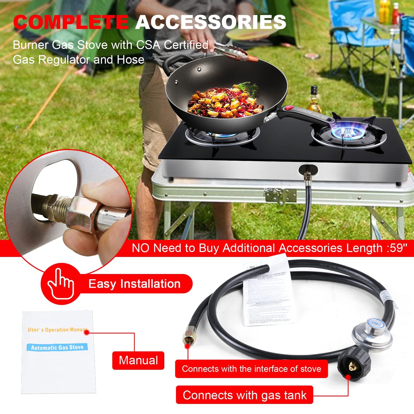 forimo Propane Gas Cooktop 2 Burners Gas Stove portable Tempered Glass Double Burners Stove Auto Ignition Camping Double Burner LPG for RV,Apartments,Outdoor