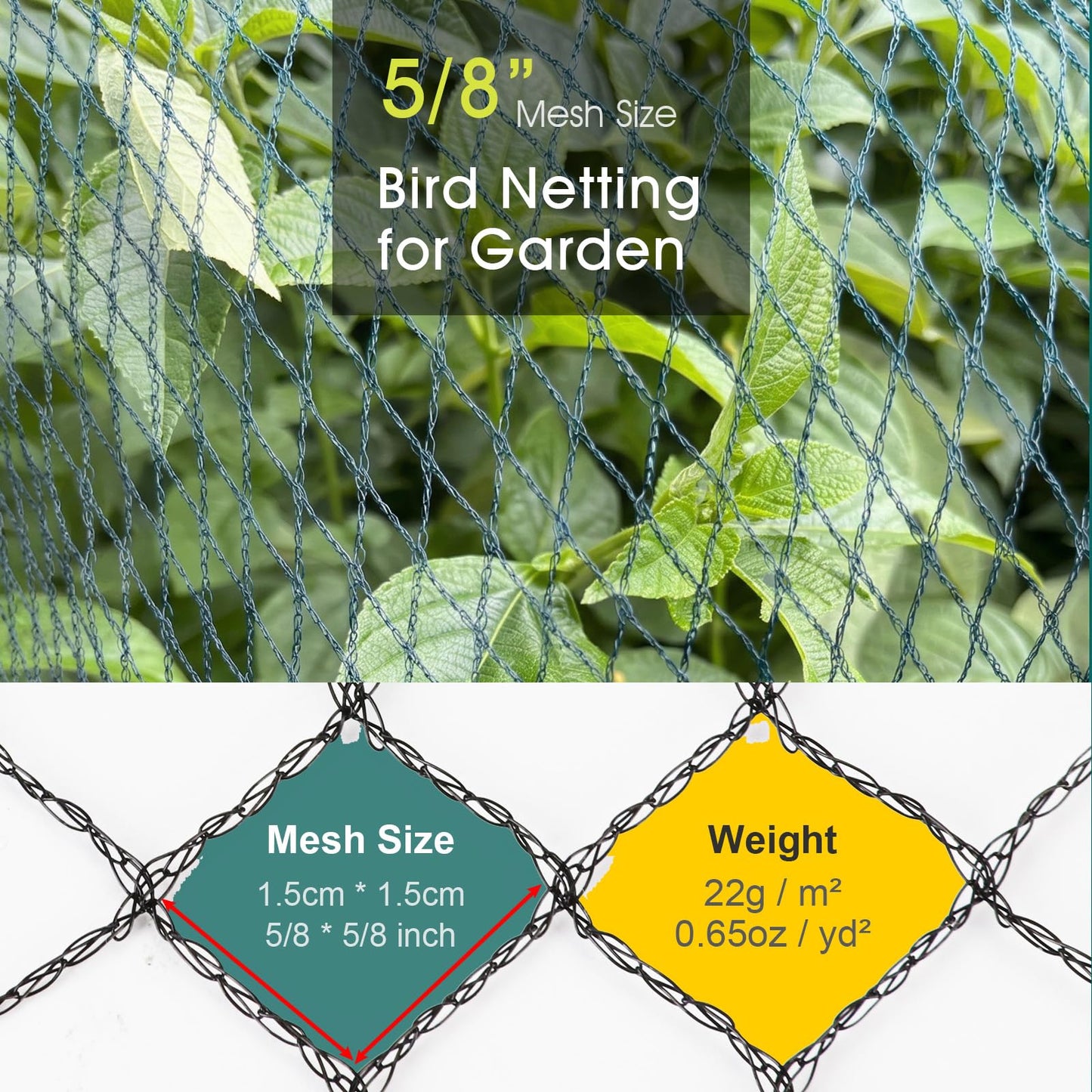 Bird Netting for Garden Protection, 13 x 40 FT Heavy Duty Garden Netting with Ties and Landscape Staples for Vegetable, Fruit Trees & Other Plants Against Birds Deer Squirrels and Poultry