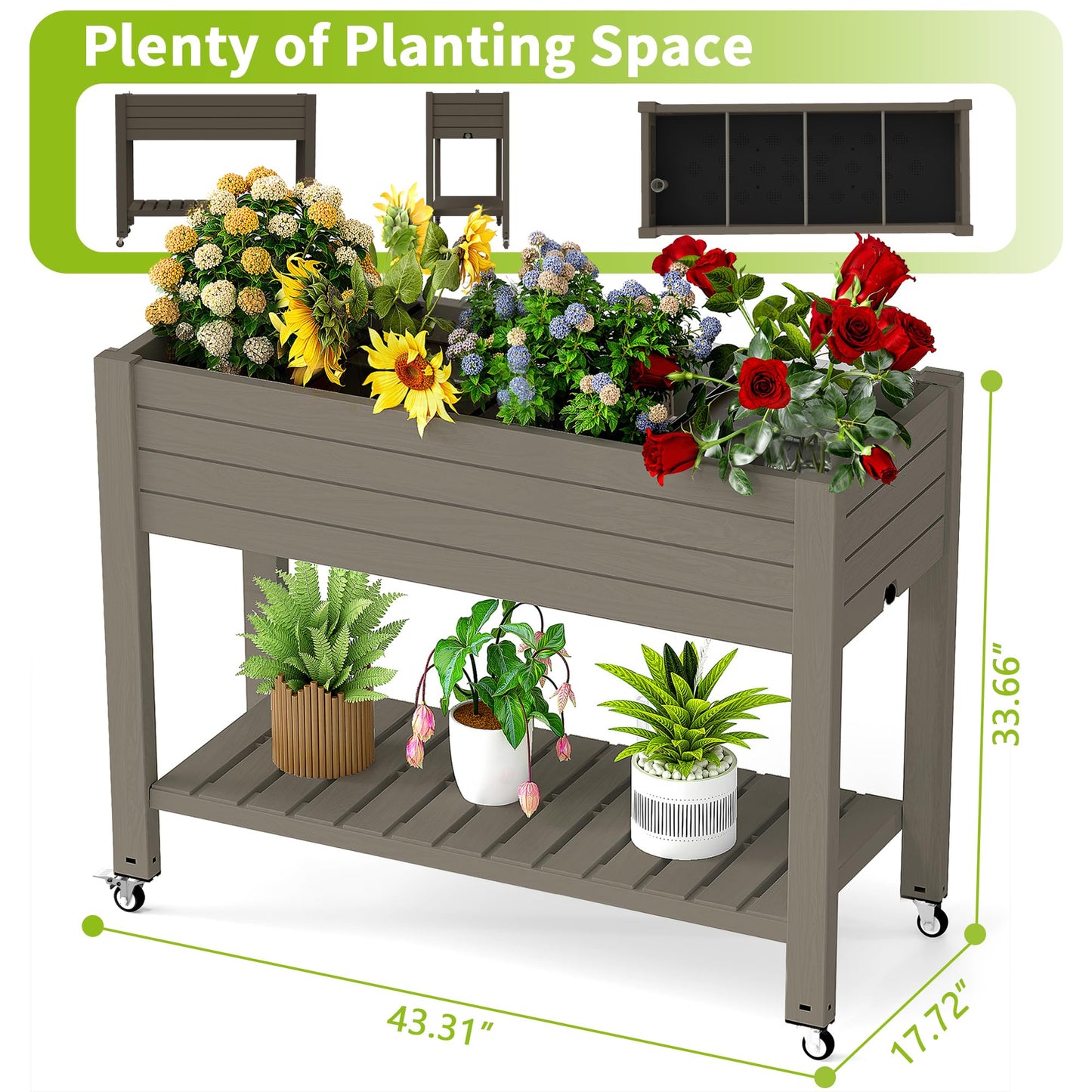 GYMHILL Elevated Raised Garden Bed with Wheels,Outdoor Large Resin Patio Planter Box Stand Divisible with Drain Plug,Water Monitor for Plants Vegetables Flowers Fruits(Grey,43.31 * 17.72 * 33.66)