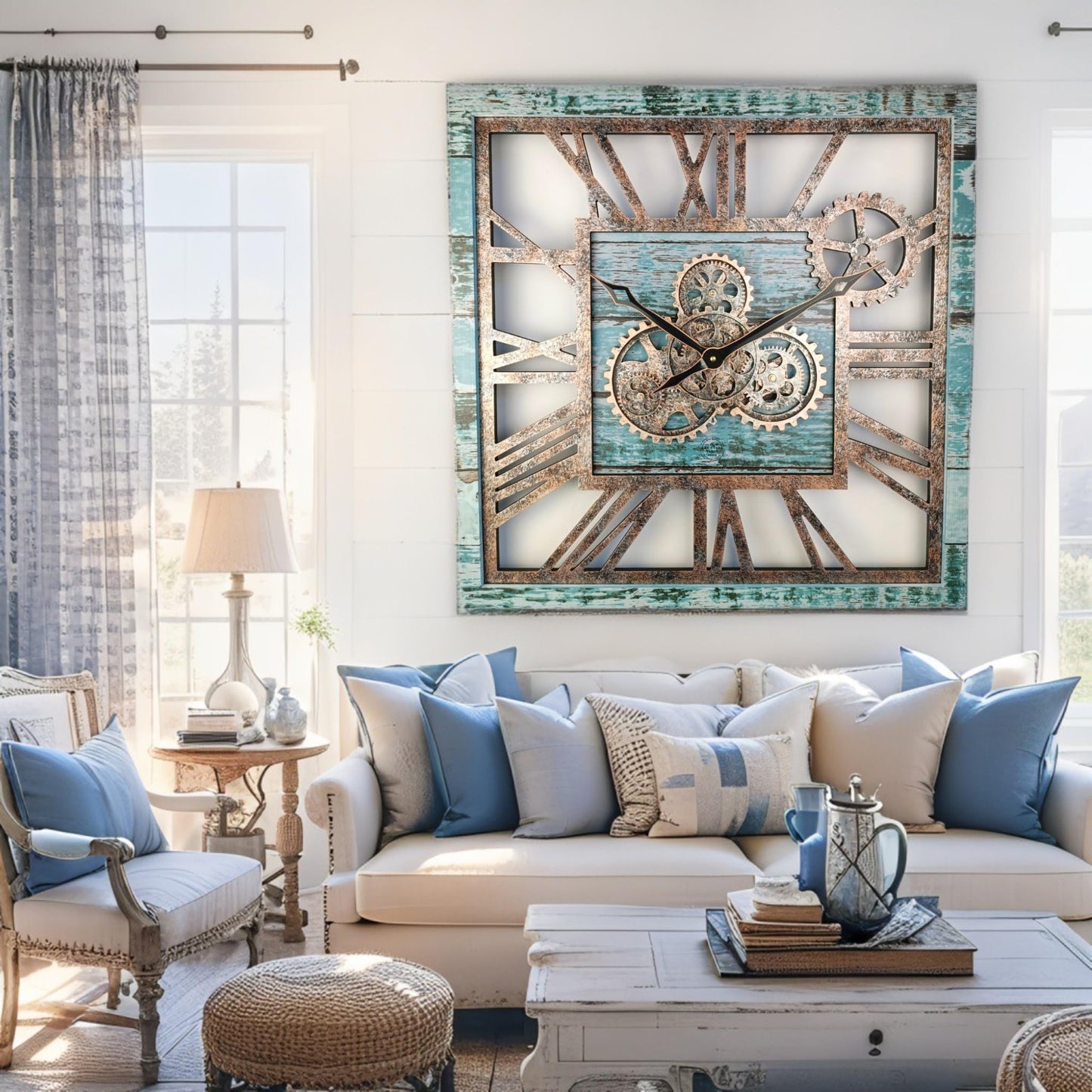 ImprovingLife The Gears Clock 24'' Inch Square Real Moving Gear Wall Clock Vintage Industrial Oversized Rustic Farmhouse (Aqua Green)
