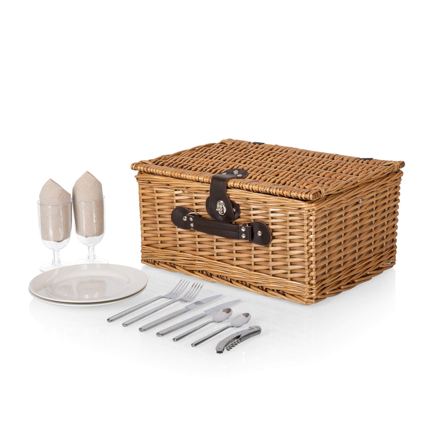 PICNIC TIME Classic Picnic Basket for 2, Romantic English-Style Wooden Wicker Basket with Deluxe Service for 2, Fully-Lined Interior, Leatherette Lid-Locking Buckle, and Carry Handle, (Beige Canvas)