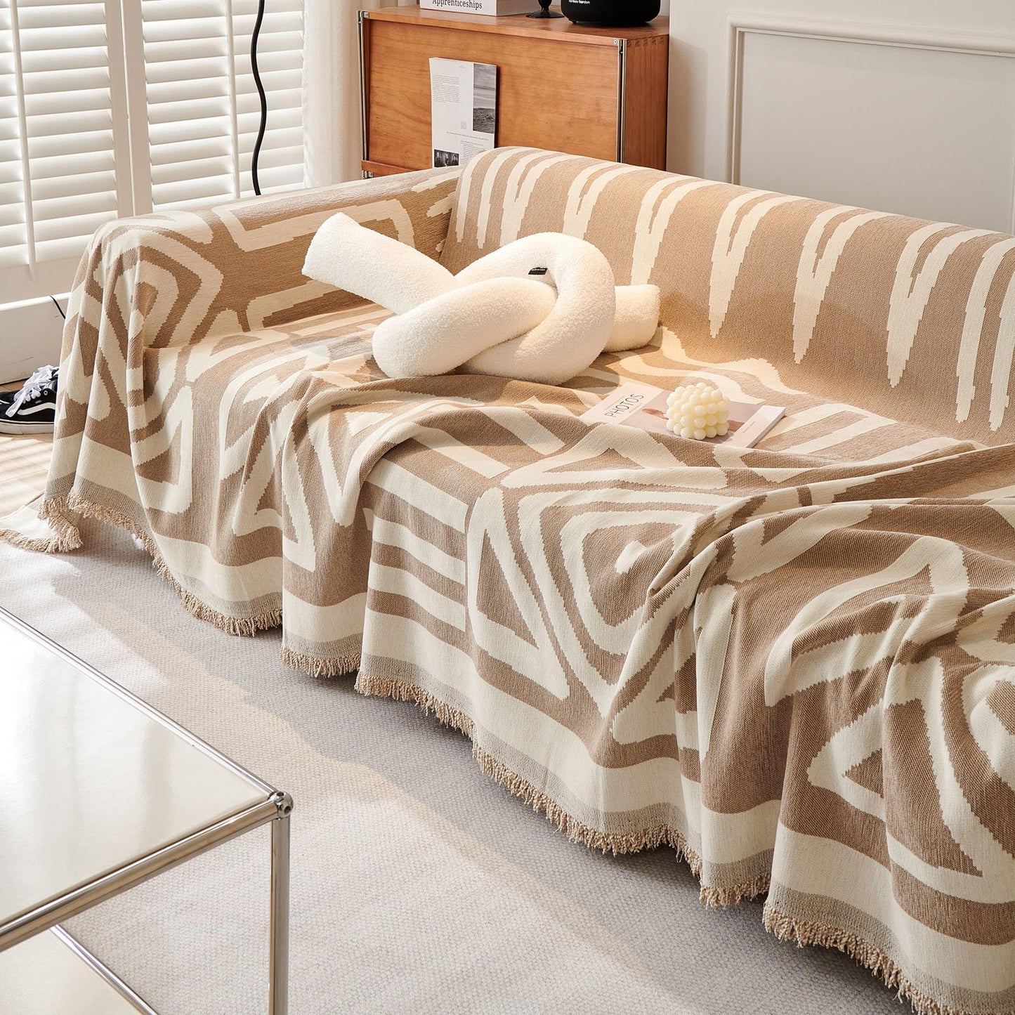 TOYROOM Chenille Sofa Cover Armchair Couch Cover Reversible Throw Sofa Slipcover with Khaki Geometry Pattern, Non Slip Boho Sofa Cover with Tassels Resistant for Dog Pet Washable, 71" x 71"