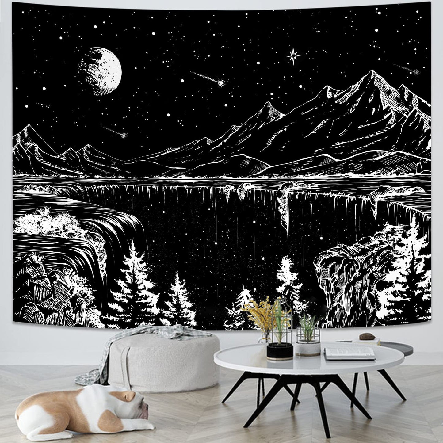 Zussun Black and White Tapestry Starry Night Mountain Tapestries for Bedroom Aesthetic Moon and Stars Tapastry's Wall Hanging Dark Nature Forest Wall Tapestry for Living Room Dorm (48'' × 36'')