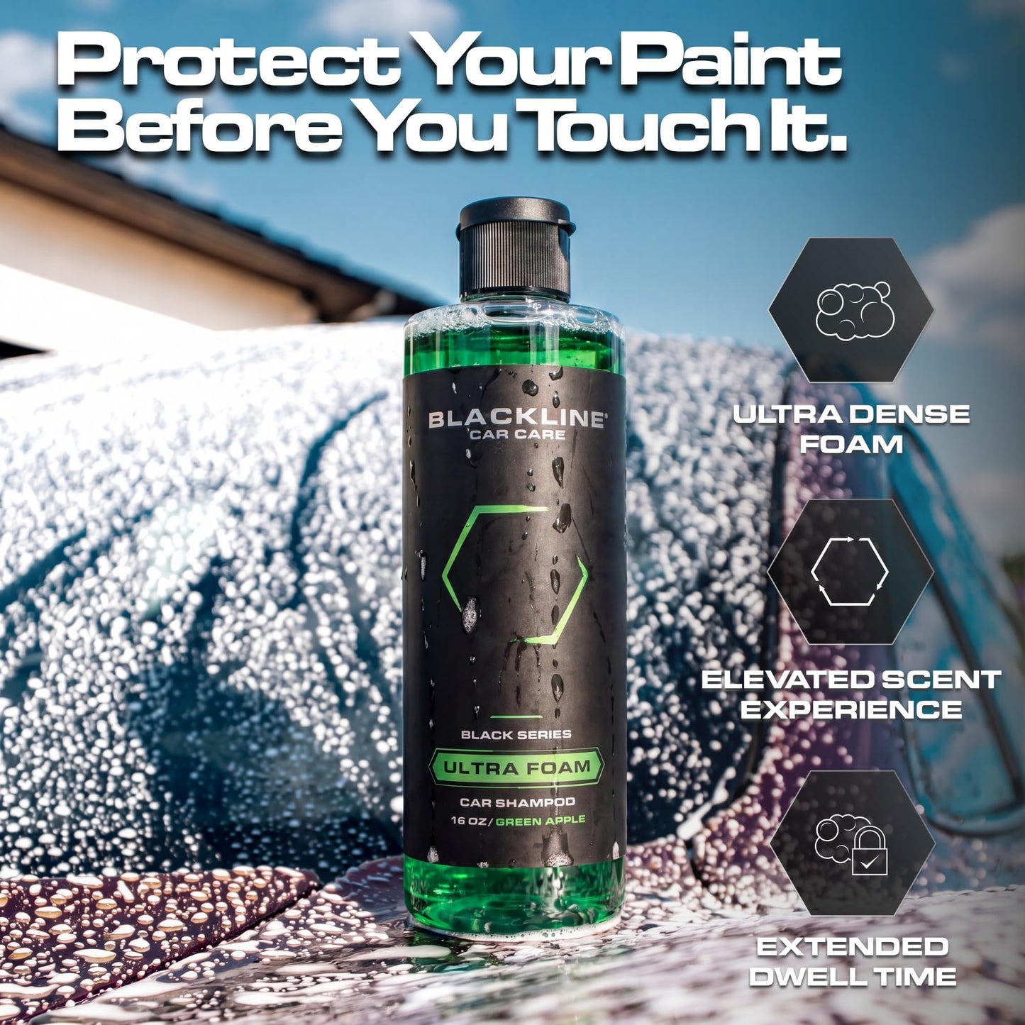 Blackline Automotive Extreme Foaming Car Shampoo - Extreme Ultra Foam Perfect for Ceramic Coatings - Compatible with Foam Cannon for Pressure Washer (16 FL Oz, Green Apple)