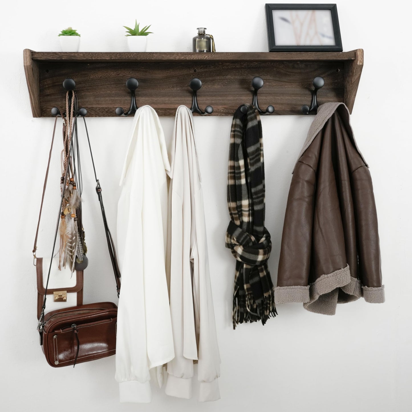 WEBI Wall Shelf with Hooks Underneath,35" Long Wall Mounted Coat Rack with Shelf,Entryway Coat Rack with 5 Triple Hooks for Hanging Coats,Jacket,Hallway,Bedroom,Mudroom,Weathered Brown