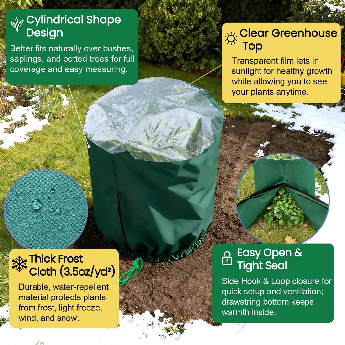 Gardeningwill 2 Packs 31" Dia x 45" H Winter Plant Cover – Cylindrical Shrub & Tree Protection Bag with Transparent Top, 3.5oz/yd² Frost Cloth, Drawstring and Hook & Loop Straps