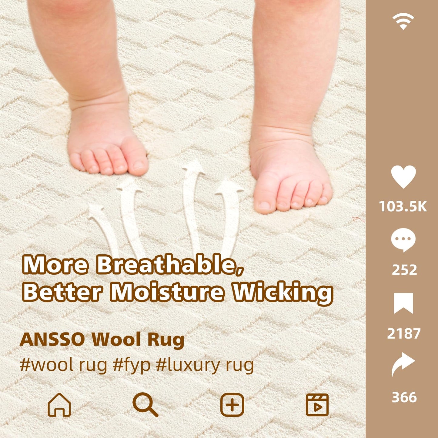 ANSSO 5x7 Wool Rugs for Living Room,80% Merino Wool and 20% Cotton Soft Tufted Area Rug with Cotton Non-Slip Backing,Large Area Rug for Bedroom Bedroom, Dining and Home Office (Cream)