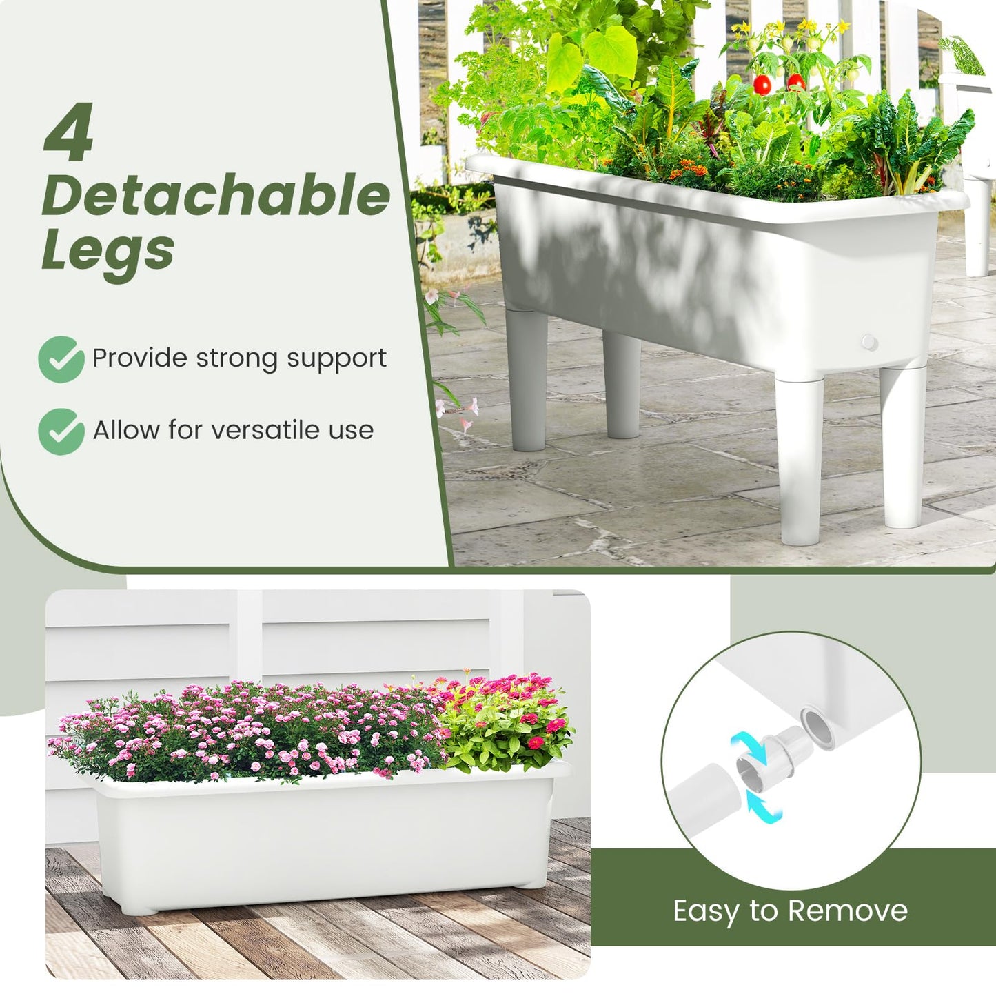 Giantex Raised Garden Beds Outdoor Set of 2, Self-Watering Planter Box with Detachable Legs & Drainage Hole, Outdoor Raised Container for Vegetable Fruit Herbs, 31.5”Lx12”Wx16”H, Easy Assembly (White)