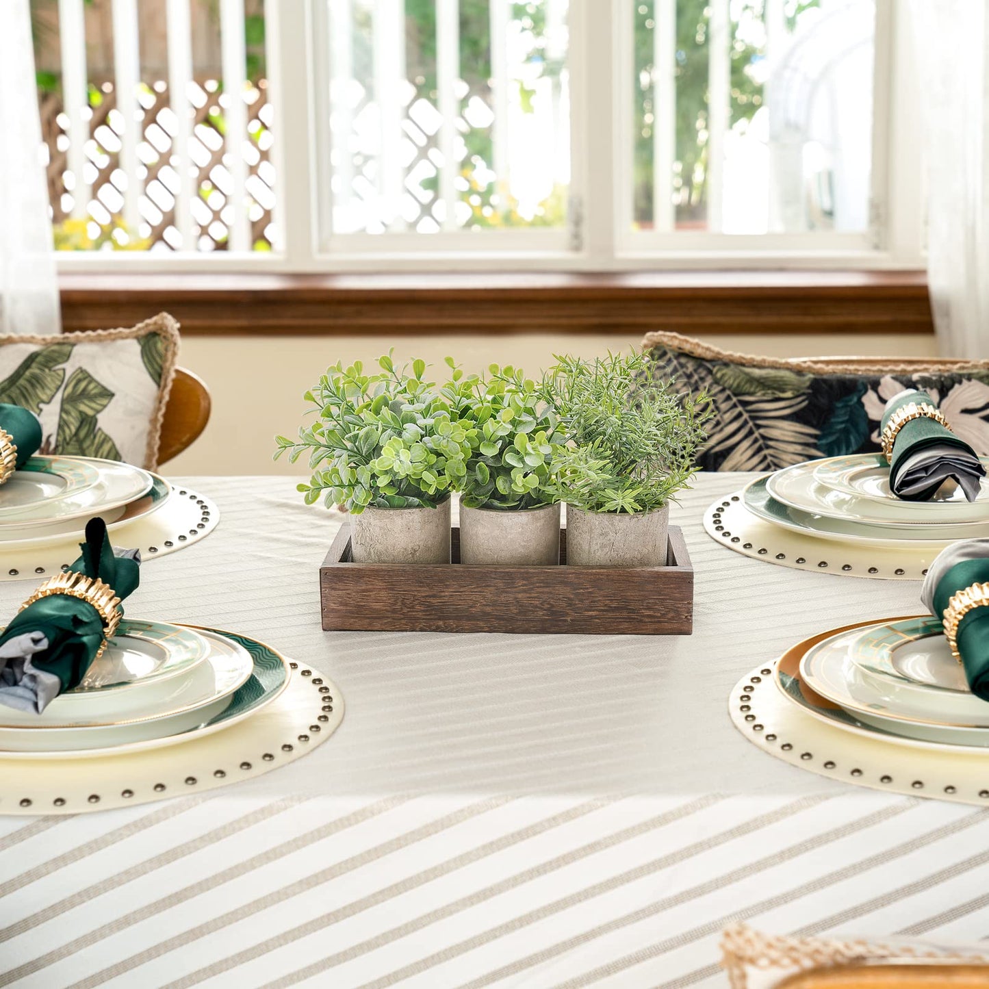 Dahey 3 Pack Mini Potted Artificial Eucalyptus Fake Plants with Wood Tray Centerpiece Table Decorations, Farmhouse Pulp Flower Pots Greenery Home Decor for Coffee Table Dining Room Office Kitchen
