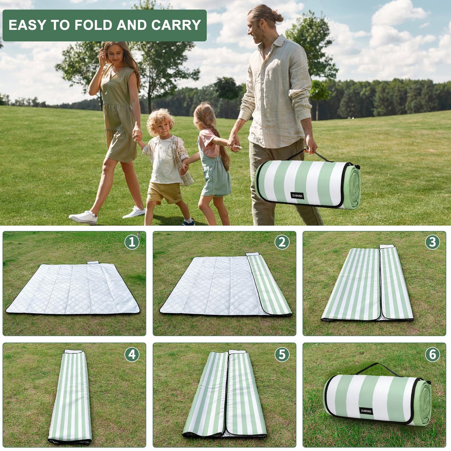 ZUBOND Picnic Blanket 80''x80'', Waterproof Sandproof Beach Outdoor Camping Mat Extra Large Foldable Gingham Big Travel Essential Accessories Gift Park Patio Lawn Garden Grass Ground Music Festival