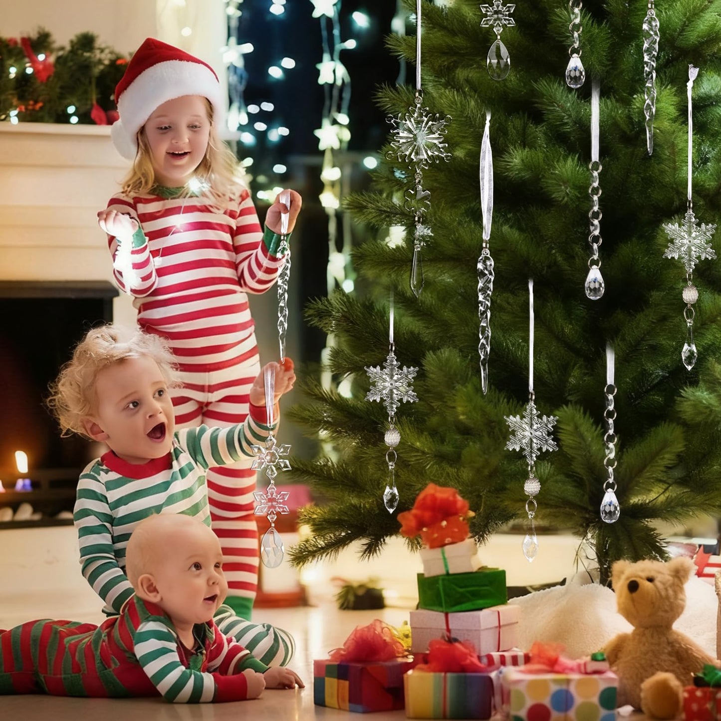 18PCS Crystal Christmas Ornaments for Tree Decorations Hanging Acrylic Christmas Snowflake Icicle Crystal Ornament for Xmas Tree, Winter Holiday Wonderland