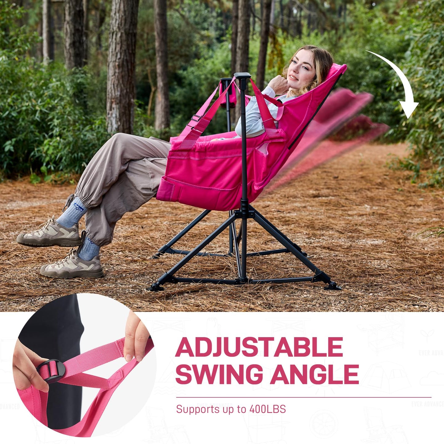 EVER ADVANCED Padded Oversized Hammock Camping Chair, Compact Heavy Duty Swing Chair with Multi-Storage Pockets, Portable Folding Rocking Camping Chair, Support Up to 400lbs, Pink