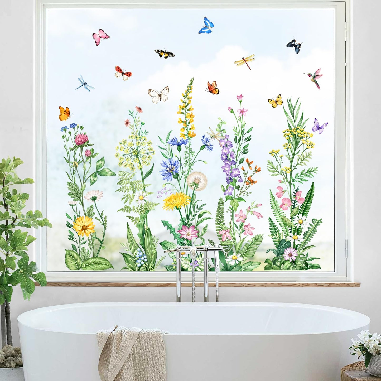 Tanlaby Wild Flower Window Clings Spring Floral Grass Wildflower Window Stickers with Butterfly Green Plant Static Window Decals for Home Glass Doors Decor