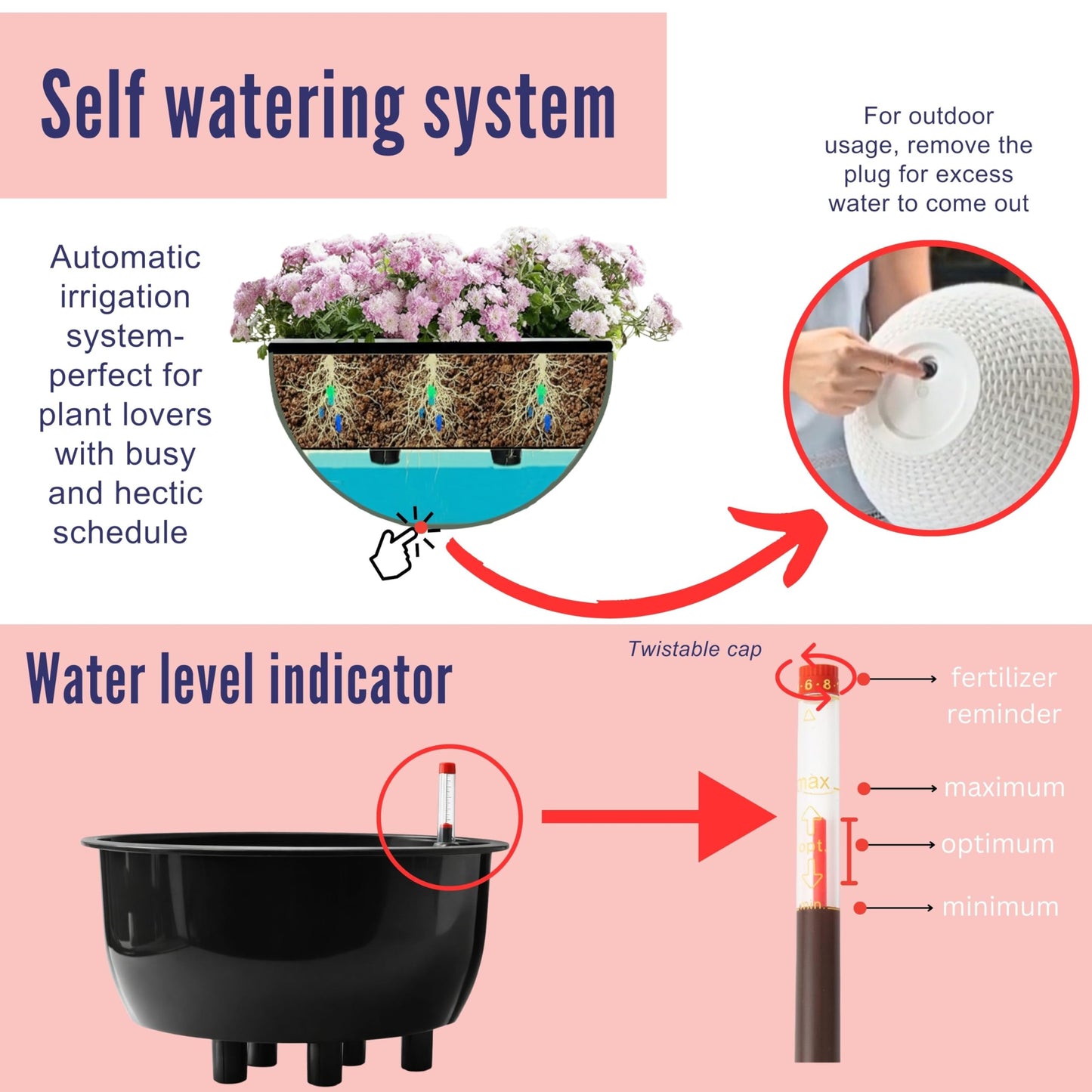 LaLaGreen Hanging Planters for Indoor Plants (11 Inch, 4 Pack) Brown Rattan Style Self-Watering Flower Pots with Water Level Indicator, Round Plastic Baskets with Metal Chain for Balcony, Porch Garden