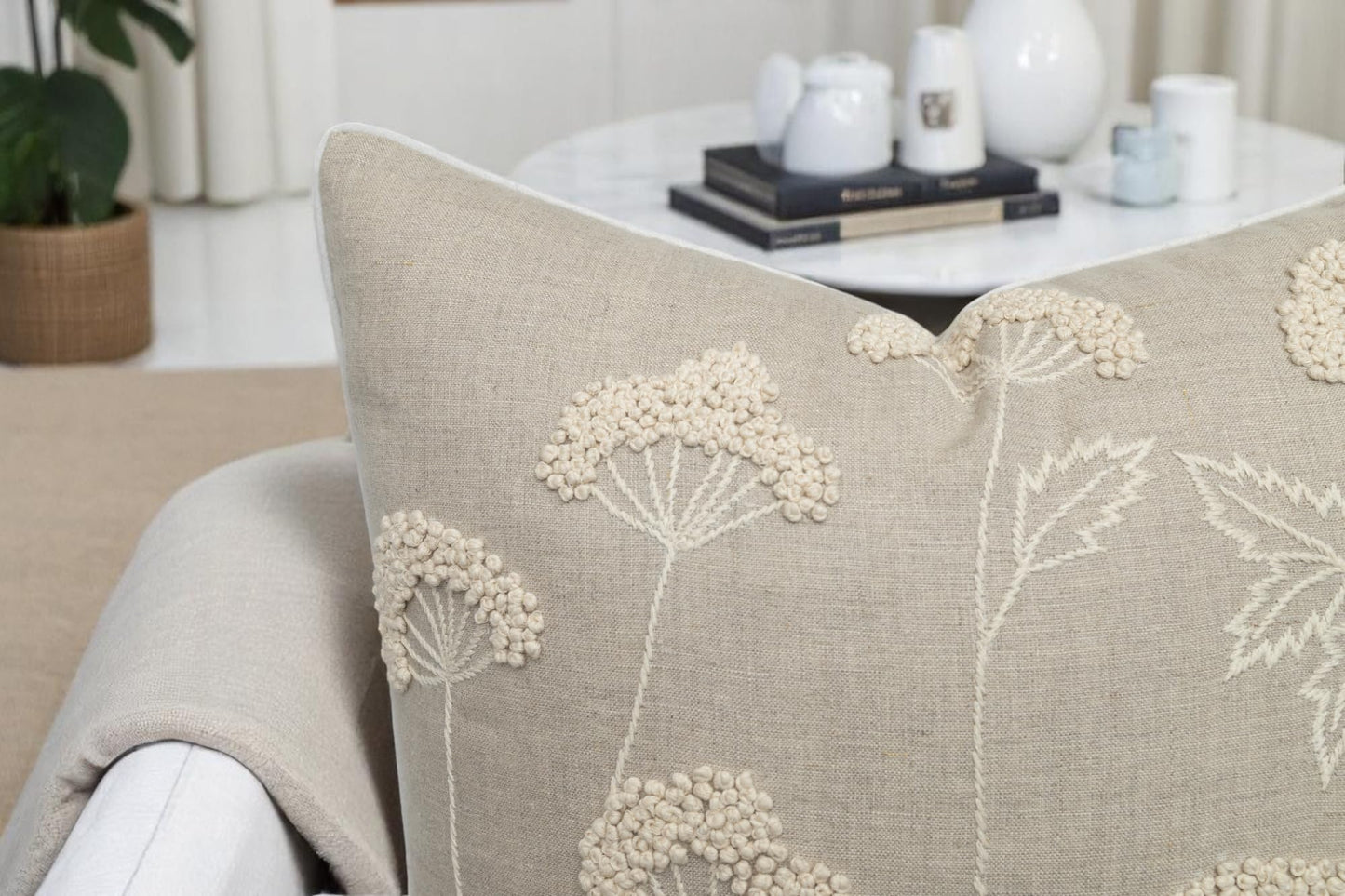 Rudransha Hand Embroidered Wildflower Throw Pillow Cover - 20x20 Inch Natural Linen - Blooming