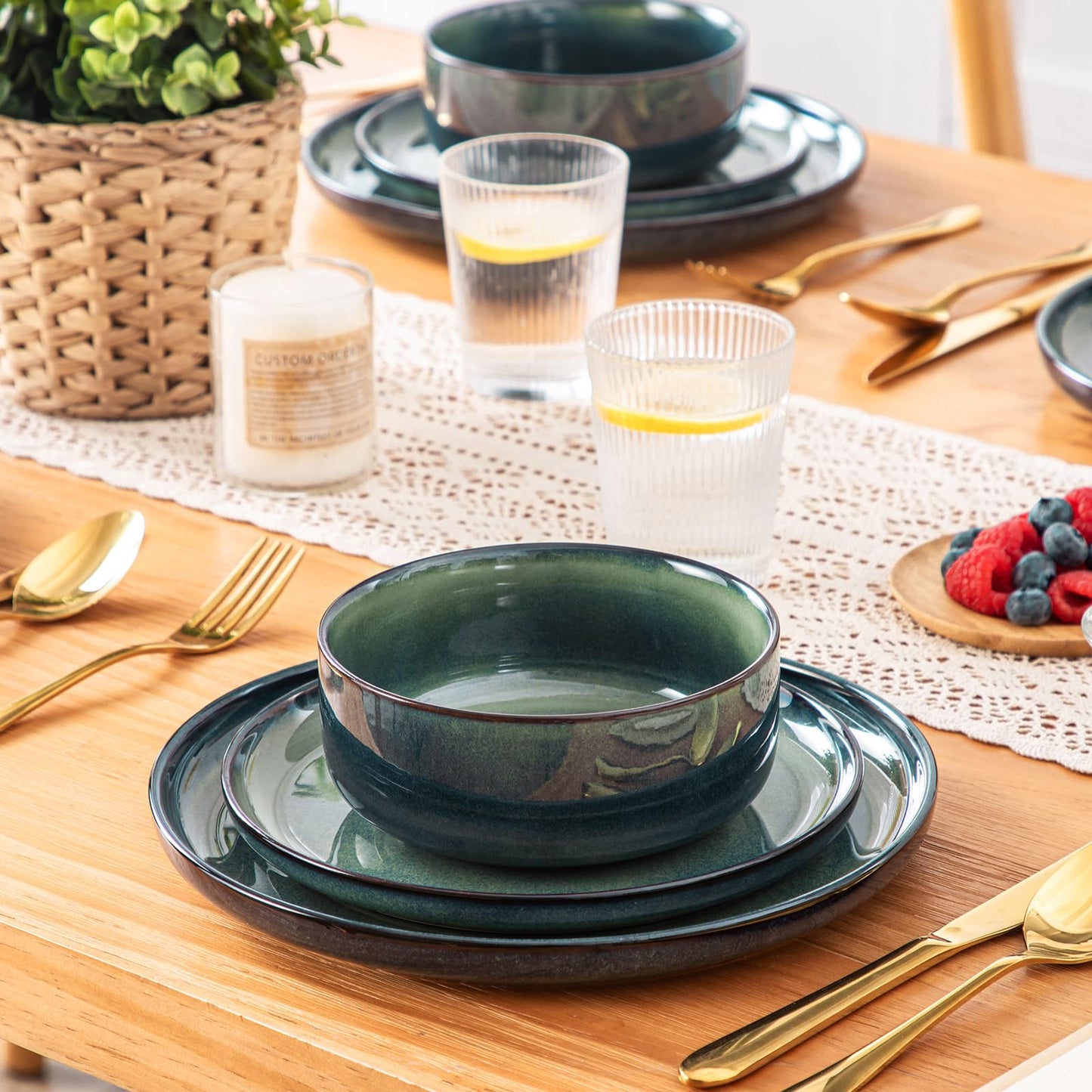 vancasso Starry 12 Pieces Dinnerware Sets for 4, Green Reactive Glaze Dishes Sets, Ceramic Plates and Bowls Set, Dinner Salad Dessert Plates, and Cereal Bowls Set, Dishwasher and Microwave Safe