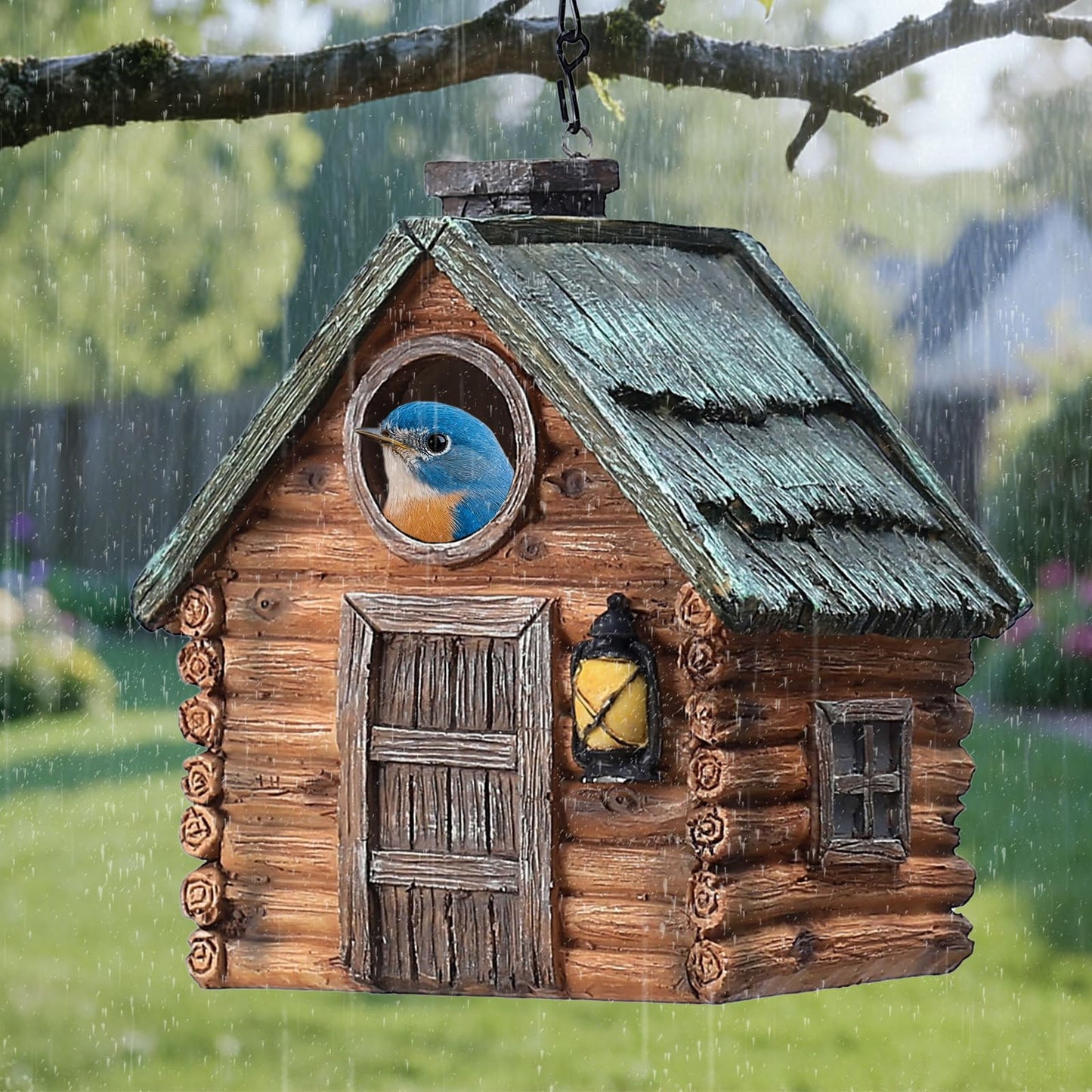 Bird Houses for Outside Real Wood-Look Resin Bird House with Hanging Chain – Waterproof & Durable Forest Birdhouses for Outdoors for Bluebird Finches Cardinals Bird Nesting Garden, Patio, Yard