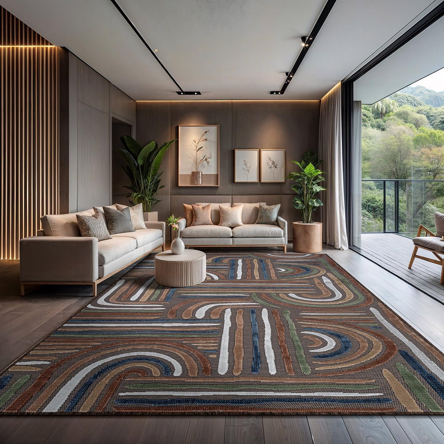 CAMILSON Indoor Outdoor Rug, Brown 8x10 Geometric Arch Striped Area Rugs for Patio and Home Areas, Easy-Cleaning Non-Shedding Living Room, Garden and Deck Washable Outside Carpet (8 x 10)
