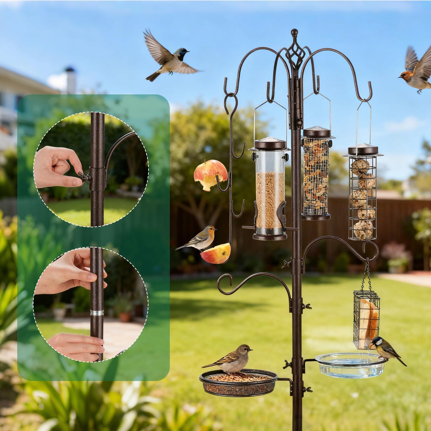 Bird Feeding Station Kit Pole Wild Bird Feeder Hanging Planter Hanger Multi Feeder Hanging with Metal Suet Feeder Bird Bath for Attracting Wild Birds