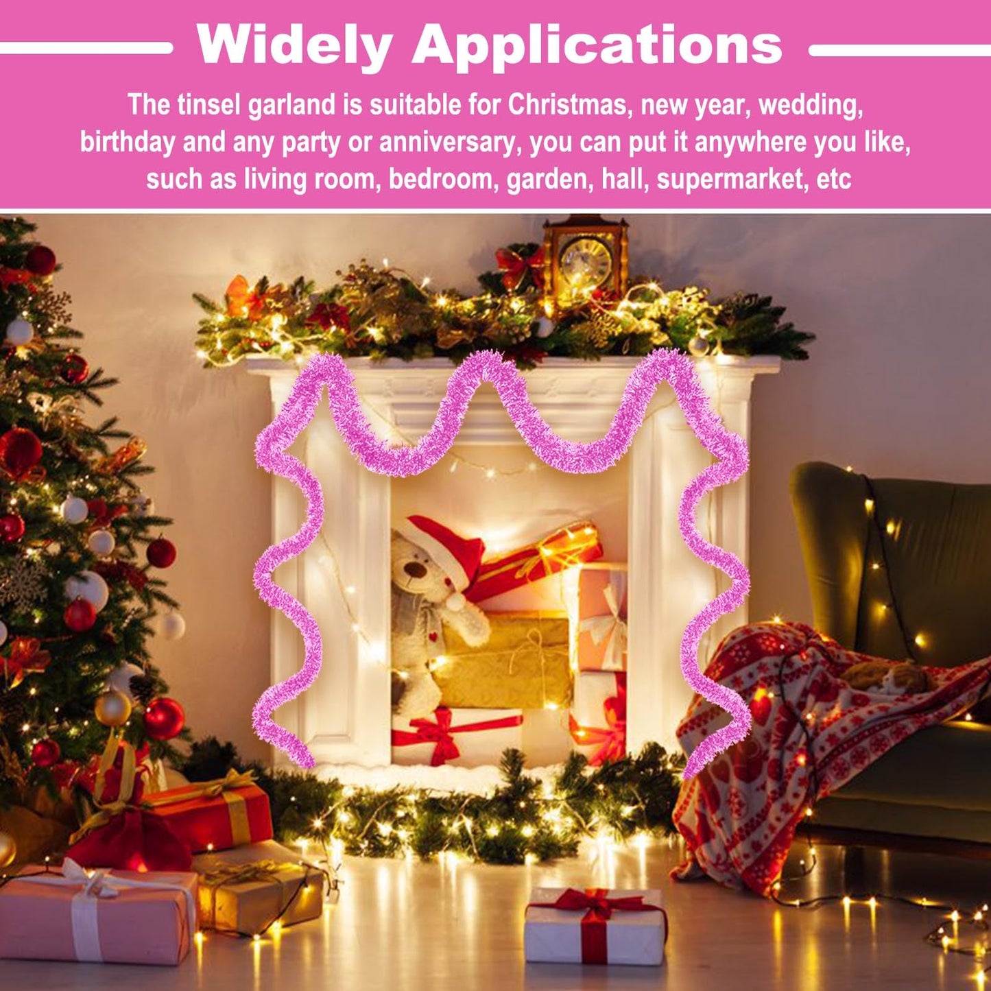 50 Feet Christmas Tinsel Garland, Metallic Twist Garland Wall Hanging Tinsel Garland Backdrop for Parade Floats, Carnival, Birthday, Wedding, New Year Party Decorations (Macaron Pink, 2in x 50ft)