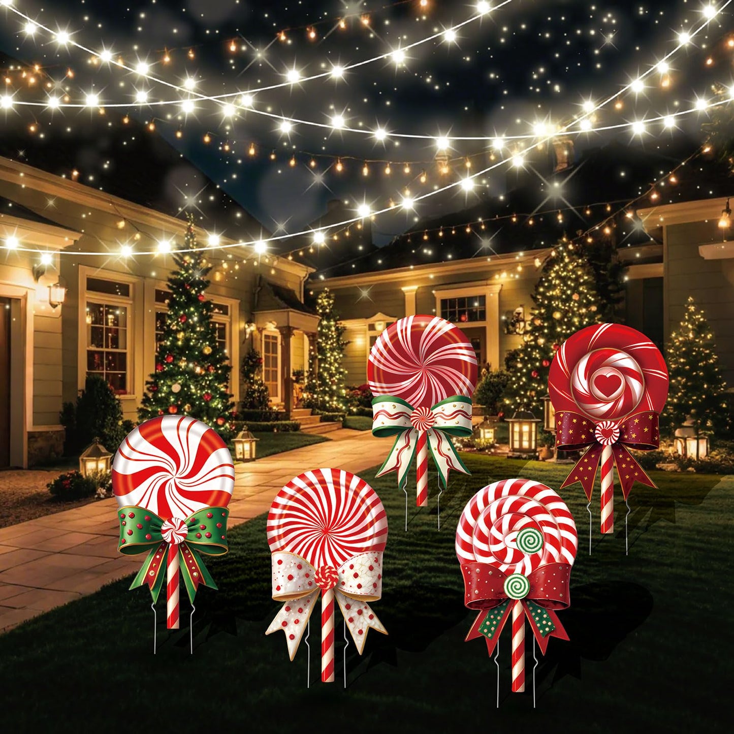 BoGlowHaven Outdoor Christmas Decorations Jumbo 24 Inch Lollipop Yard Signs 5ct with 20 Stakes 10 Fiberglass and 10 Metal Waterproof Holiday Christmas Decorations for and Garden Waterproof