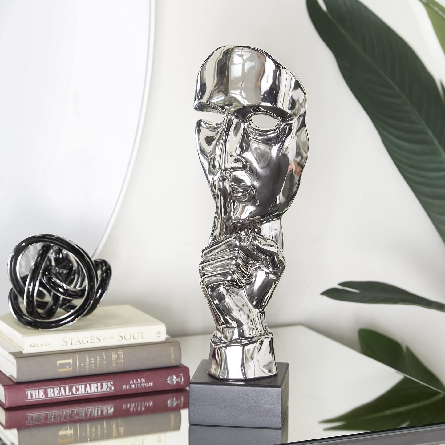 Deco 79 Polystone Mask Decorative Sculpture Quiet Gesture Home Decor Statue, Accent Figurine 5" x 5" x 17", Silver