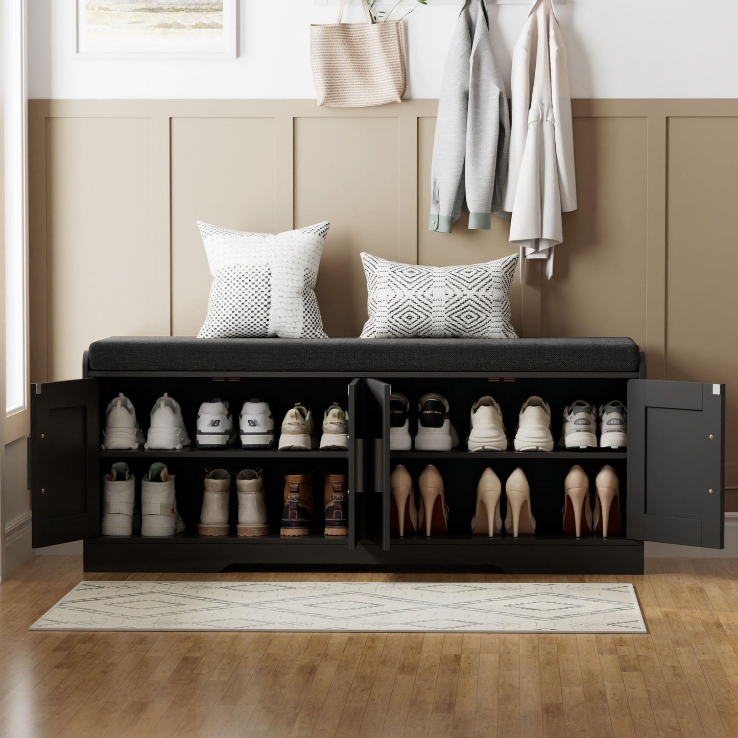 Homleke 2-Tier Storage Bench, Shoe Bench with Thickened Padded Seat Cushion, Entryway Bench with 4 Doors, Adjustable Shelf, 13.8" D x 45.3" W x 18.5" H, for Entryway, Living Room, Bedroom, Black