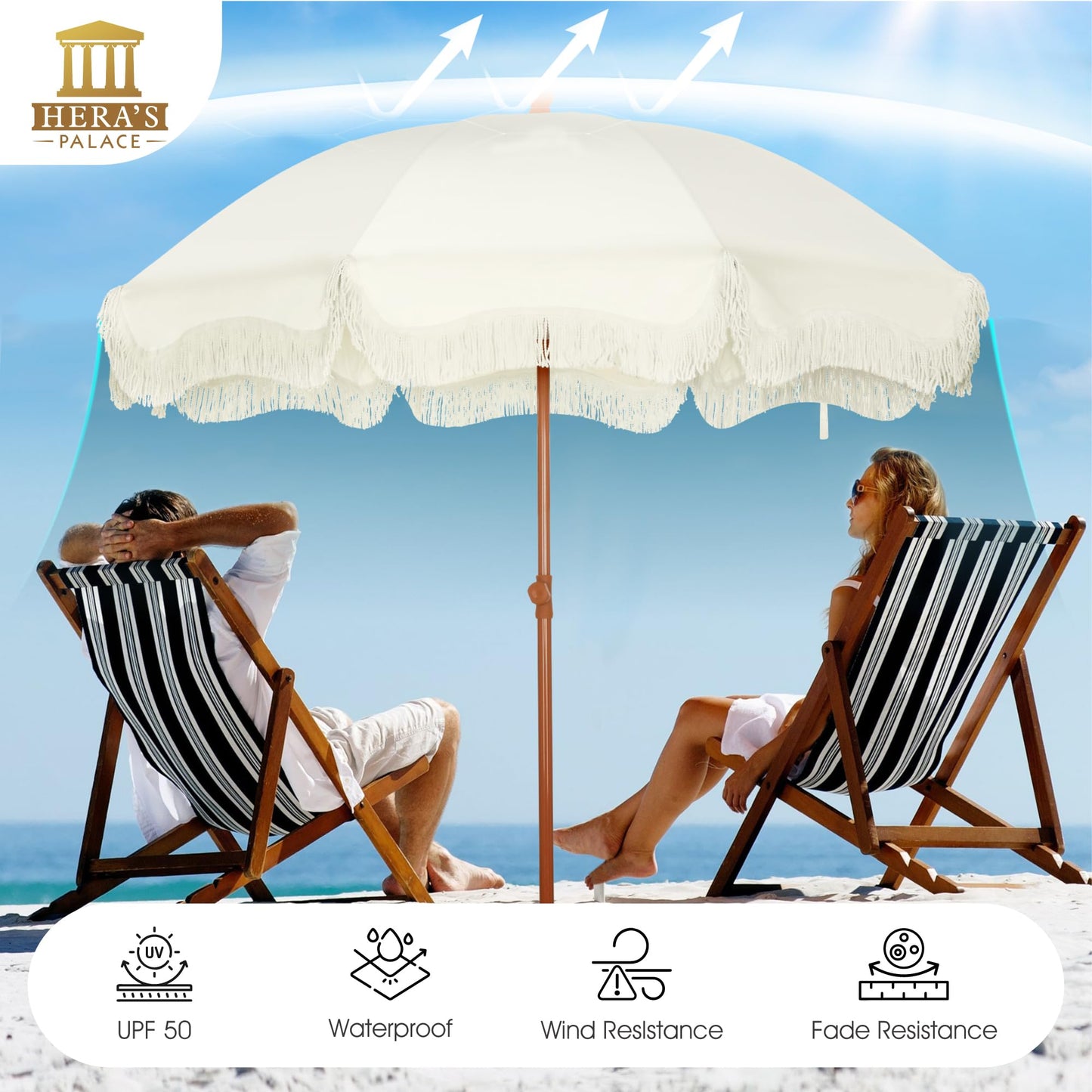 HERA'S PALACE 7 ft Heavy Duty Beach Umbrella with Sand Anchor, Fringe Umbrella for Sand, UV 50+, Patio Umbrella with Tilt Pole for Garden Pool Backyard