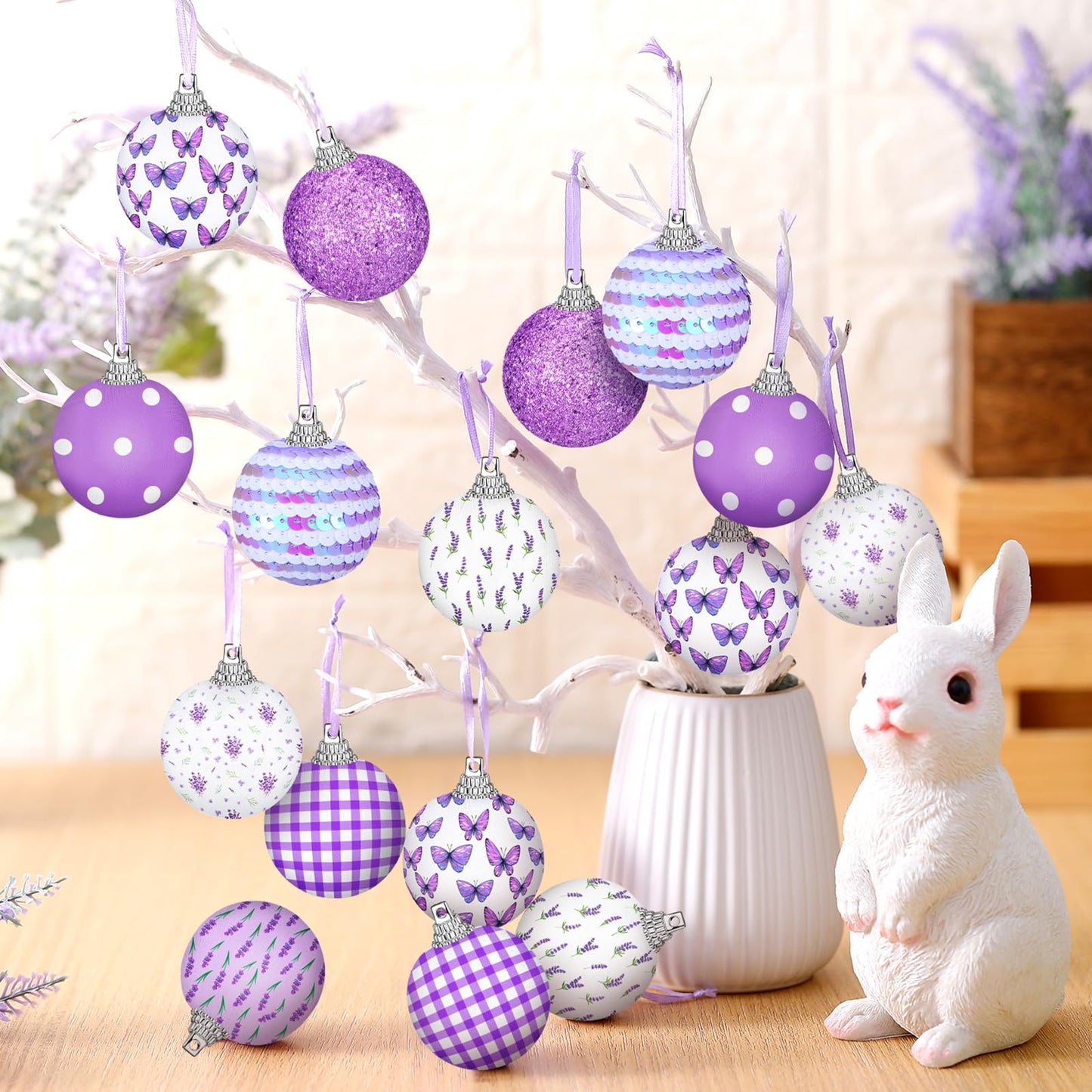 Zeyune 16 Pcs 1.97 Inch Spring Ornaments for Small Tree Lavender Butterfly Tree Decorations Summer Purple Glitter Sequin Balls Hanging Decor for Holiday Party Favors
